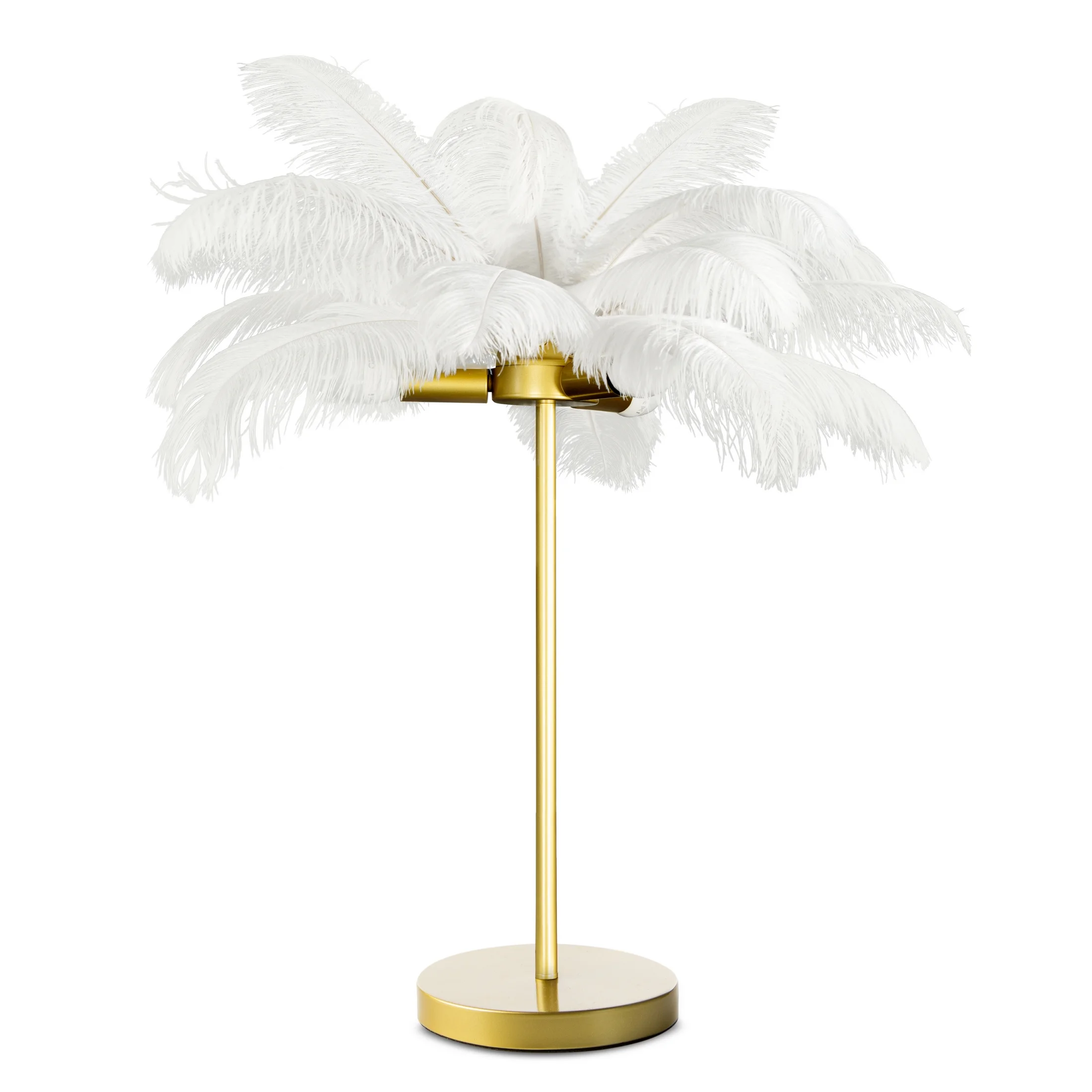 Lampa stołowa do salonu biało, złota FERI na metalowej podstawie z niezwykle efektownym abażurem z naturalnych strusich piór