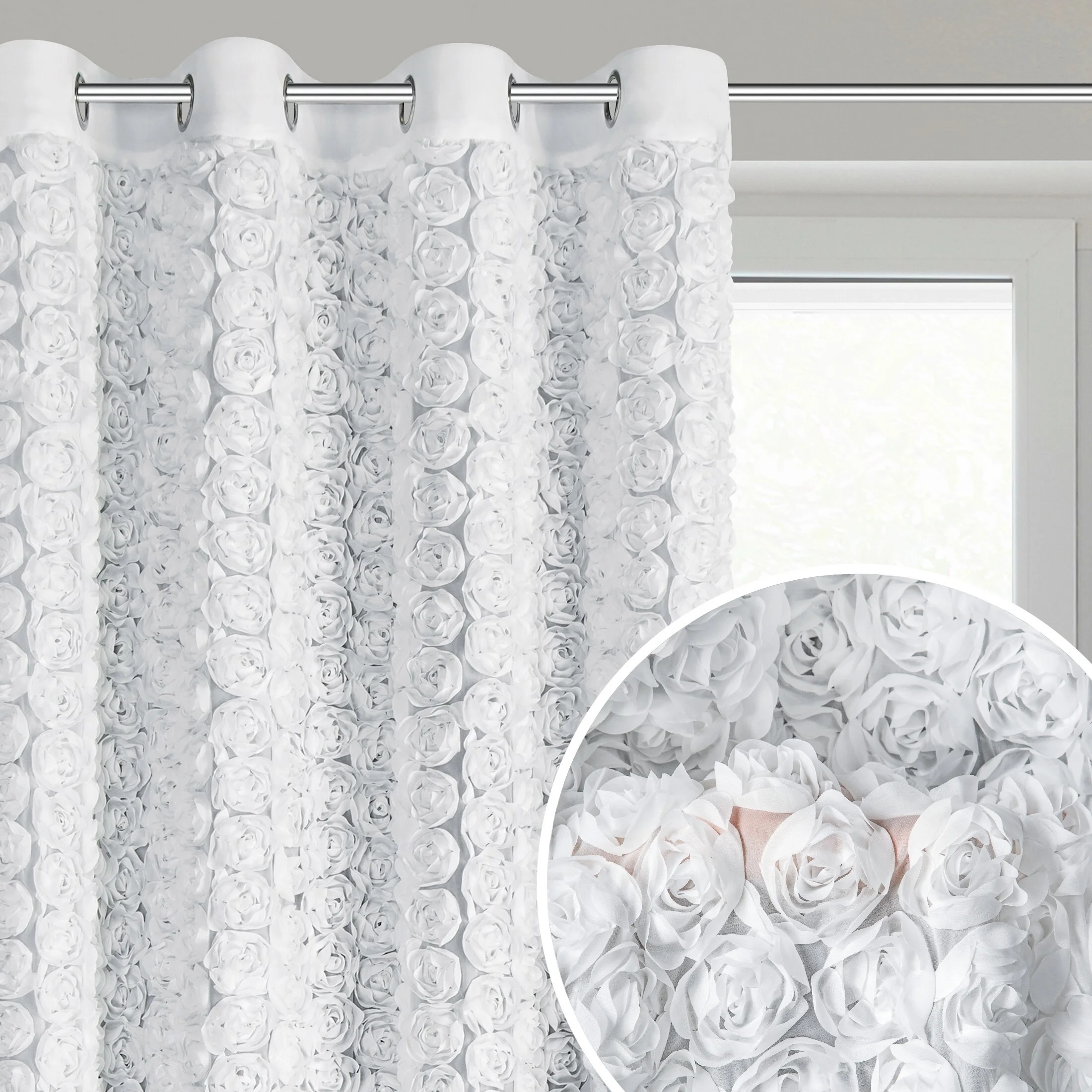 Zasłona biała z szyfonu zdobiona różami 3D 140x250 cm przelotka - ROSES Eva Minge | eurofirany