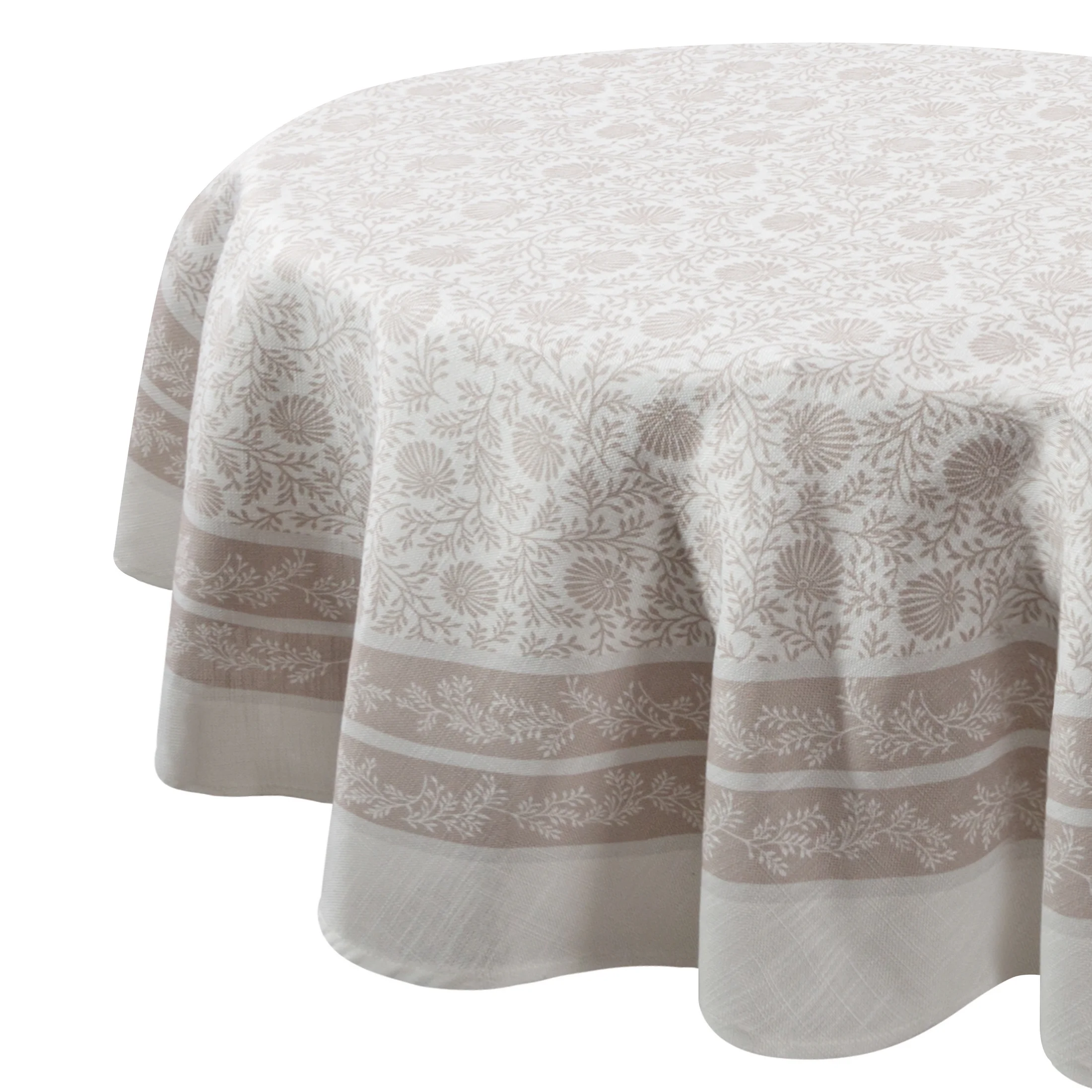 Obrus okrągły średnica 120 cm beżowo, naturalny SUMMER 10 zdobiony nadrukiem delikatnych gałązek