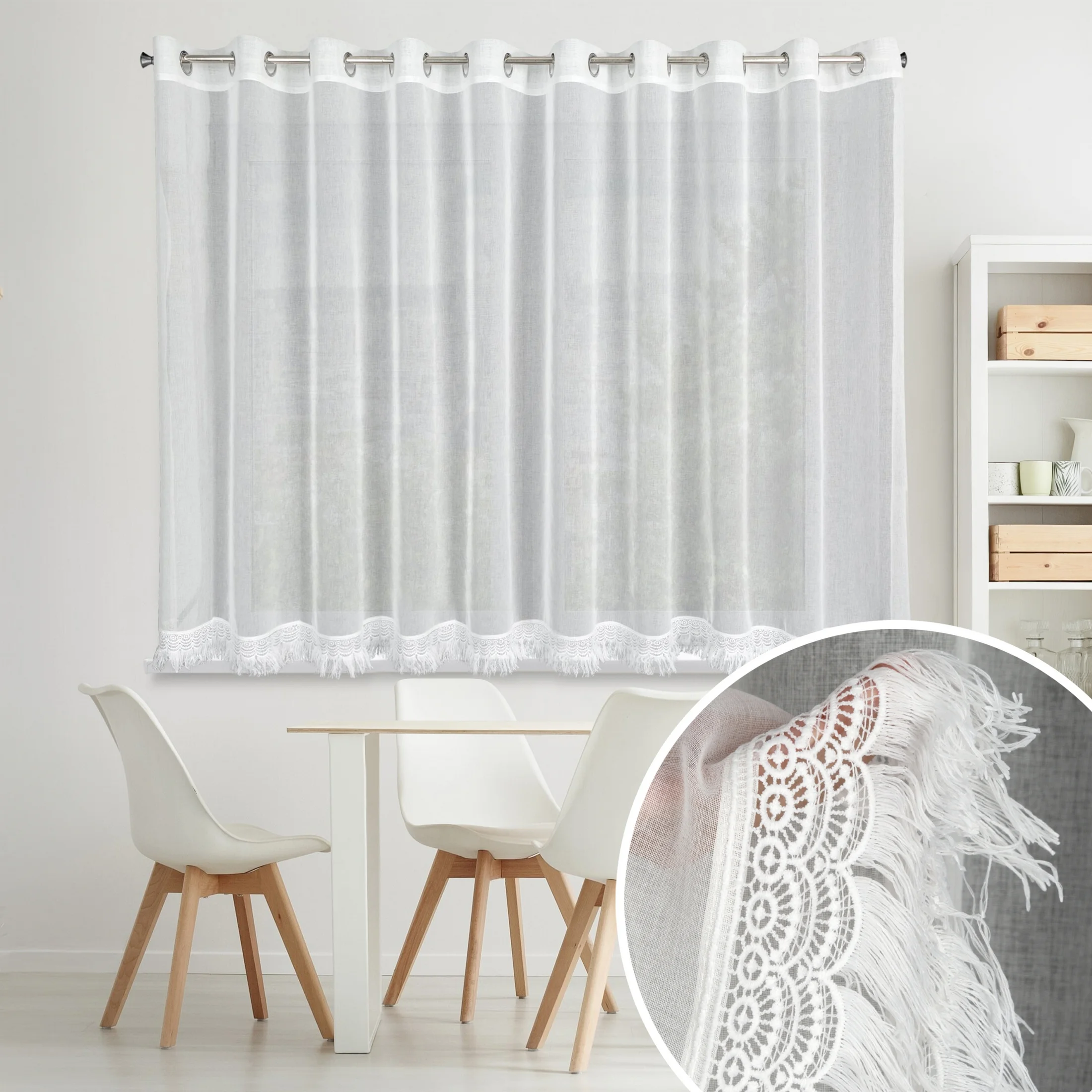 Firana biała z etaminy zdobiona gipiurą z frędzelkami 350x145 cm przelotka ROXANA | eurofirany