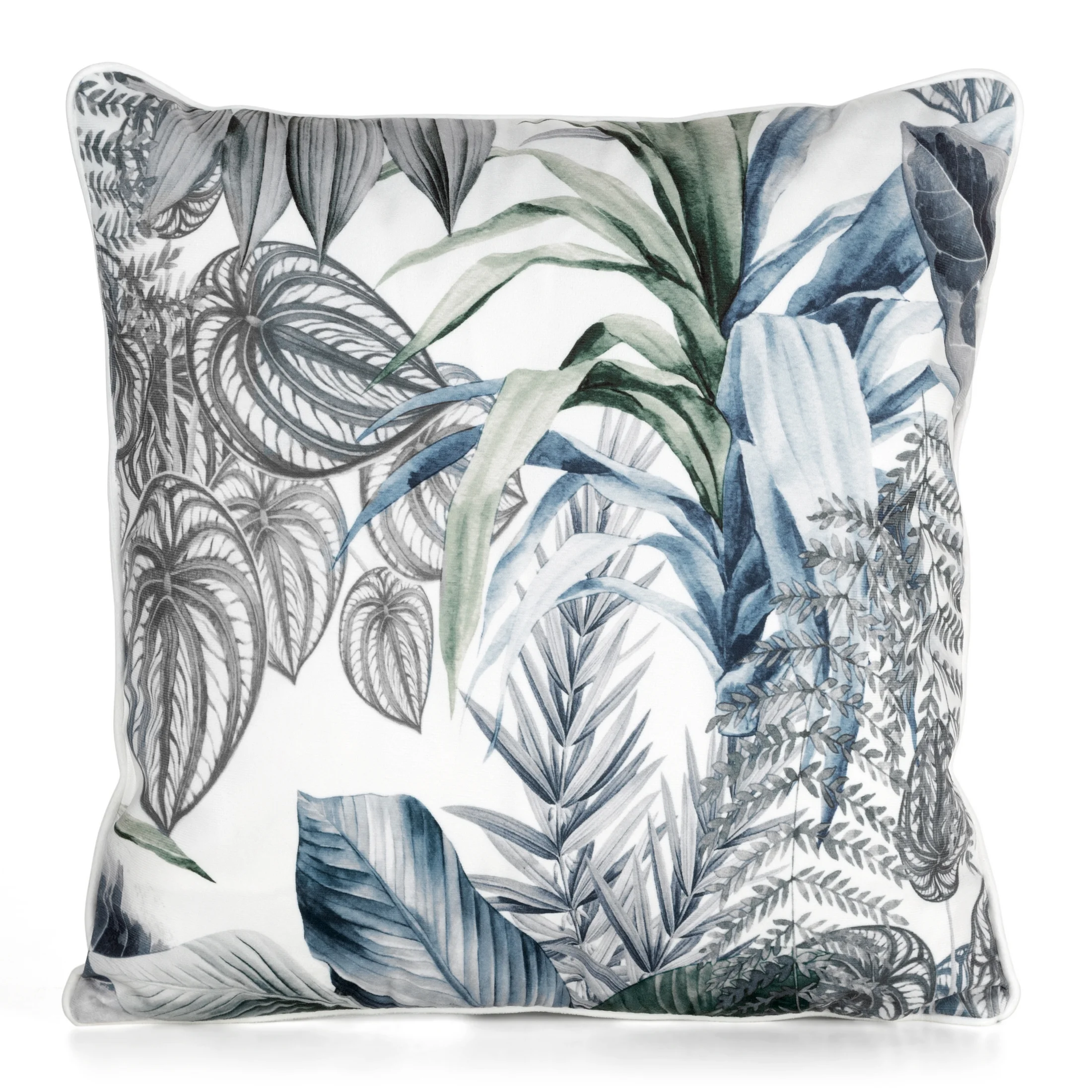 Poszewka na poduszkę 45x45 cm welwetowa, biało zielona zdobiona nadrukiem egzotycznych liści DAVOS DESIGN 91 | eurofirany