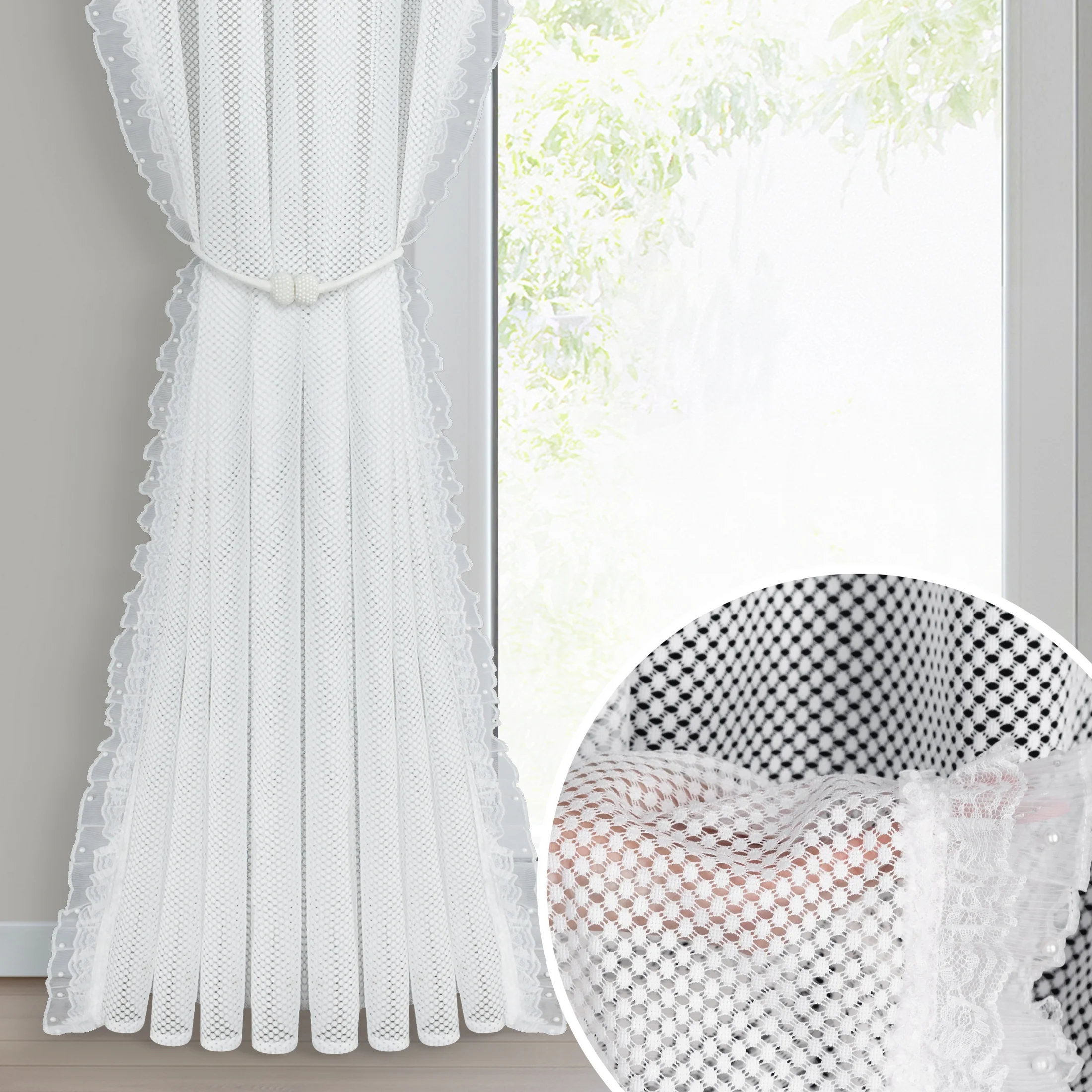 Firana biała z siateczki zdobiona na brzegach subtelną falbanką 140x270 cm taśma AGNESS | eurofirany