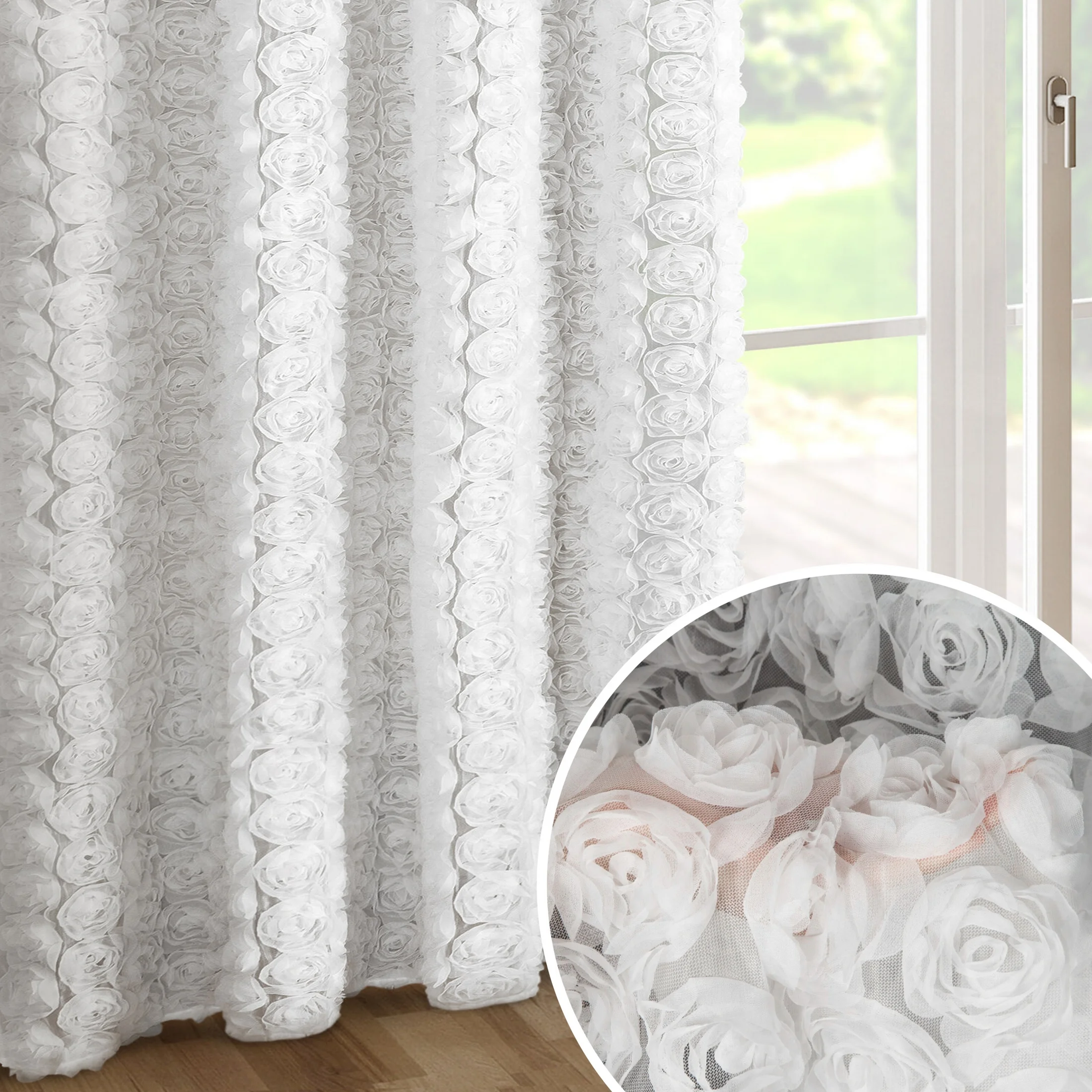 Zasłona biała z siateczki zdobiona różami 3D 140x270 cm taśma - ROSES1 Eva Minge | eurofirany