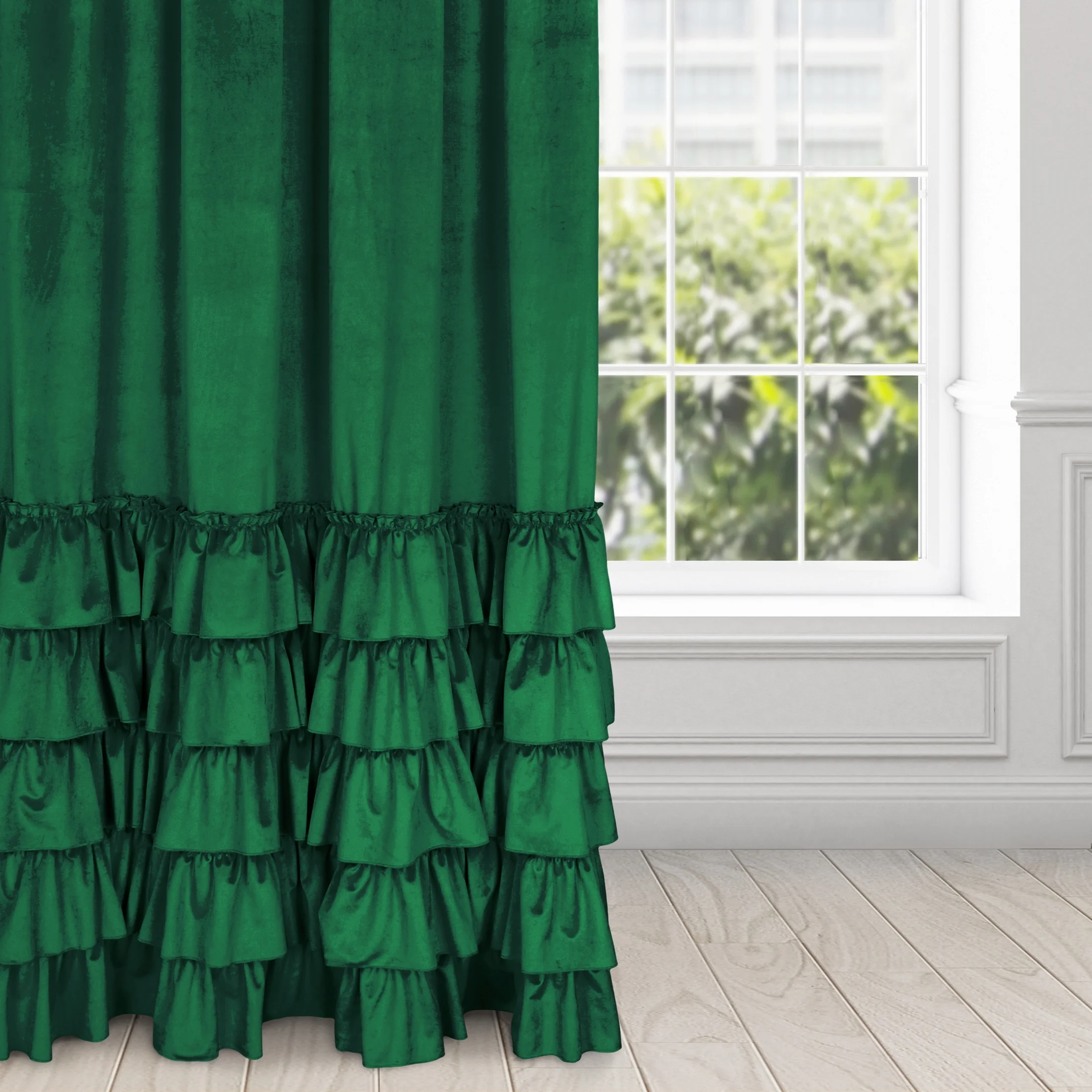 Zasłona welwetowa ciemnozielona zdobiona falbanami 140x250 cm taśma - CHARLOTTE | eurofirany