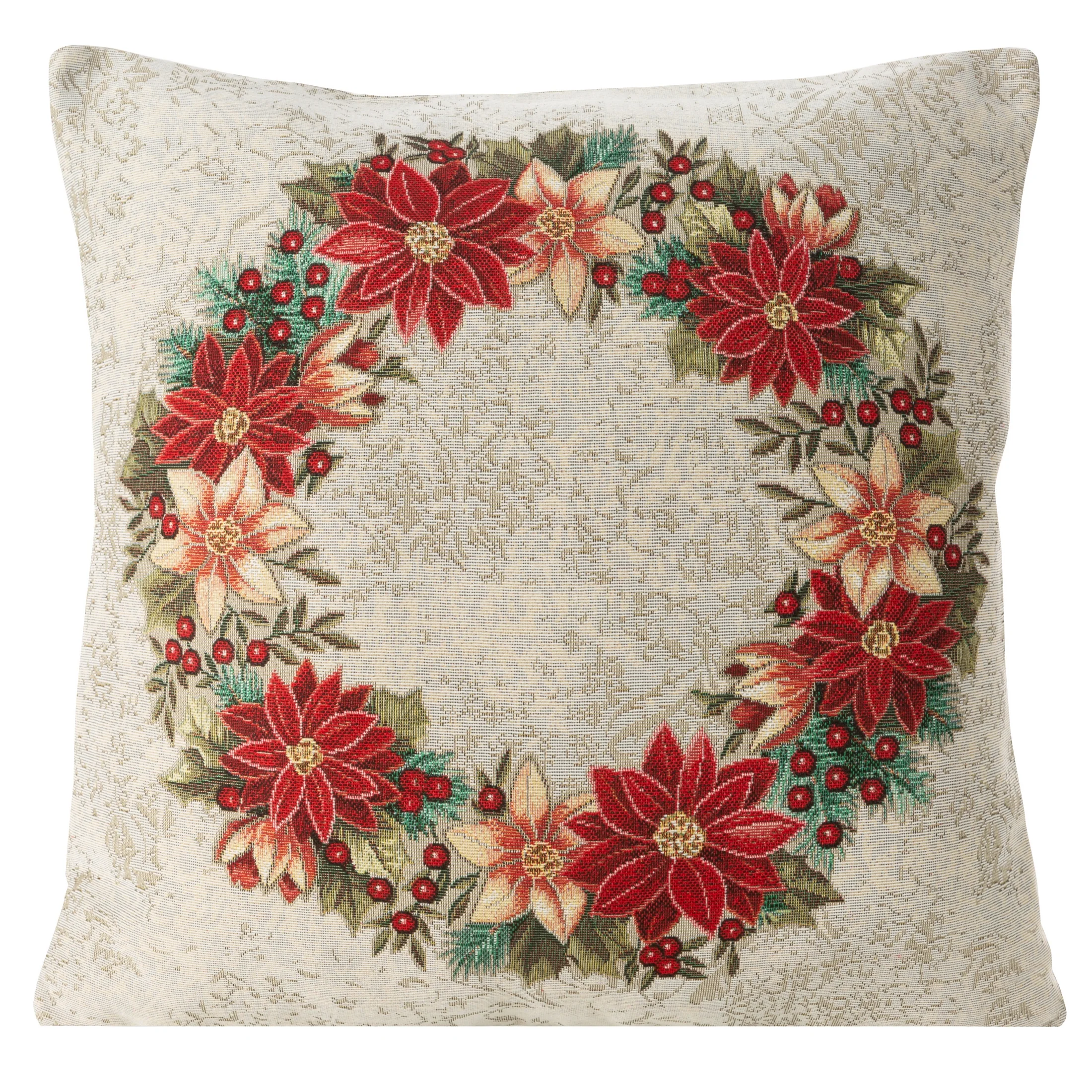 Poszewka na poduszkę 45x45 cm gobelinowa naturalno, czerwona z wieńcem świątecznym GOB | eurofirany