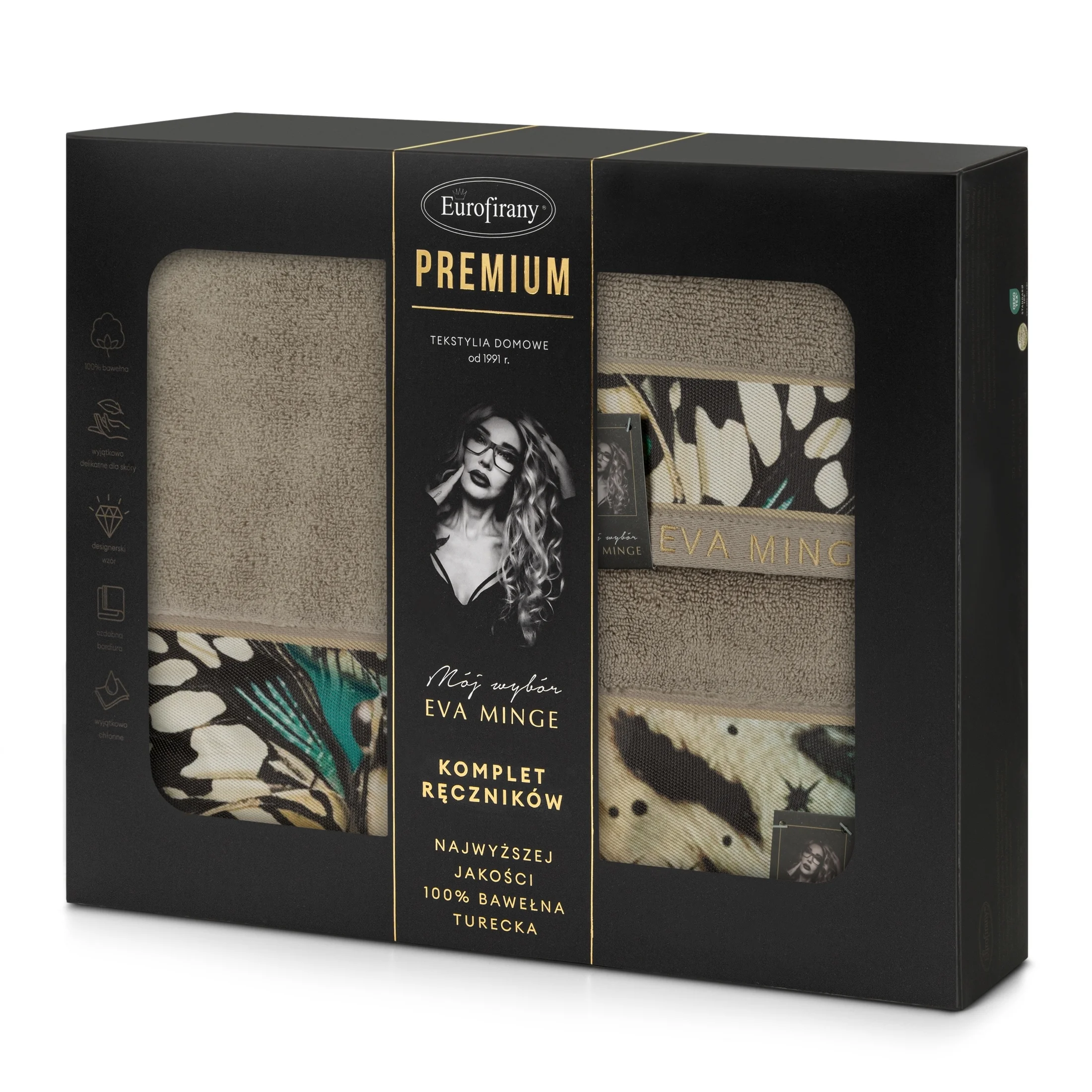 Zestaw ręczników bawełnianych na prezent 3 szt kolor beżowy, czarny 500 g/m2 Eva Minge 15