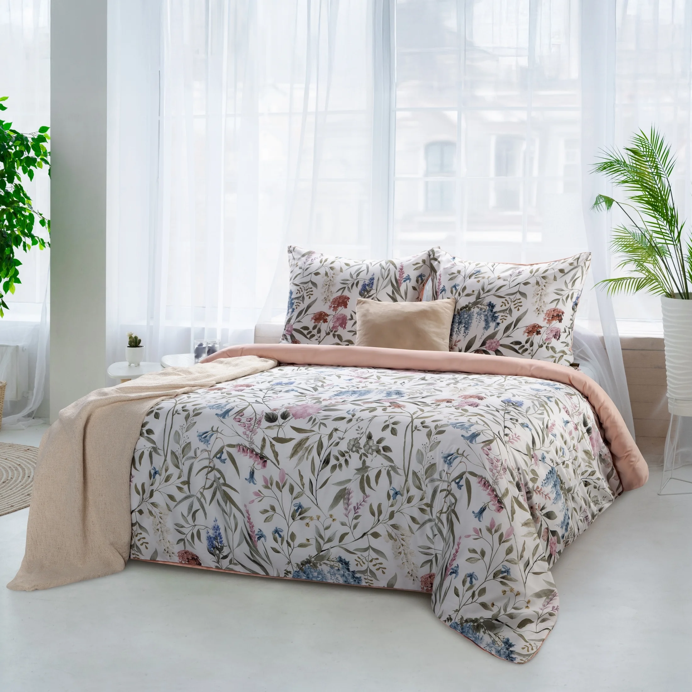 Pościel 220x200 cm bawełniana kolor biały, zielony z motywem botanicznym SPRING 51 | eurofirany