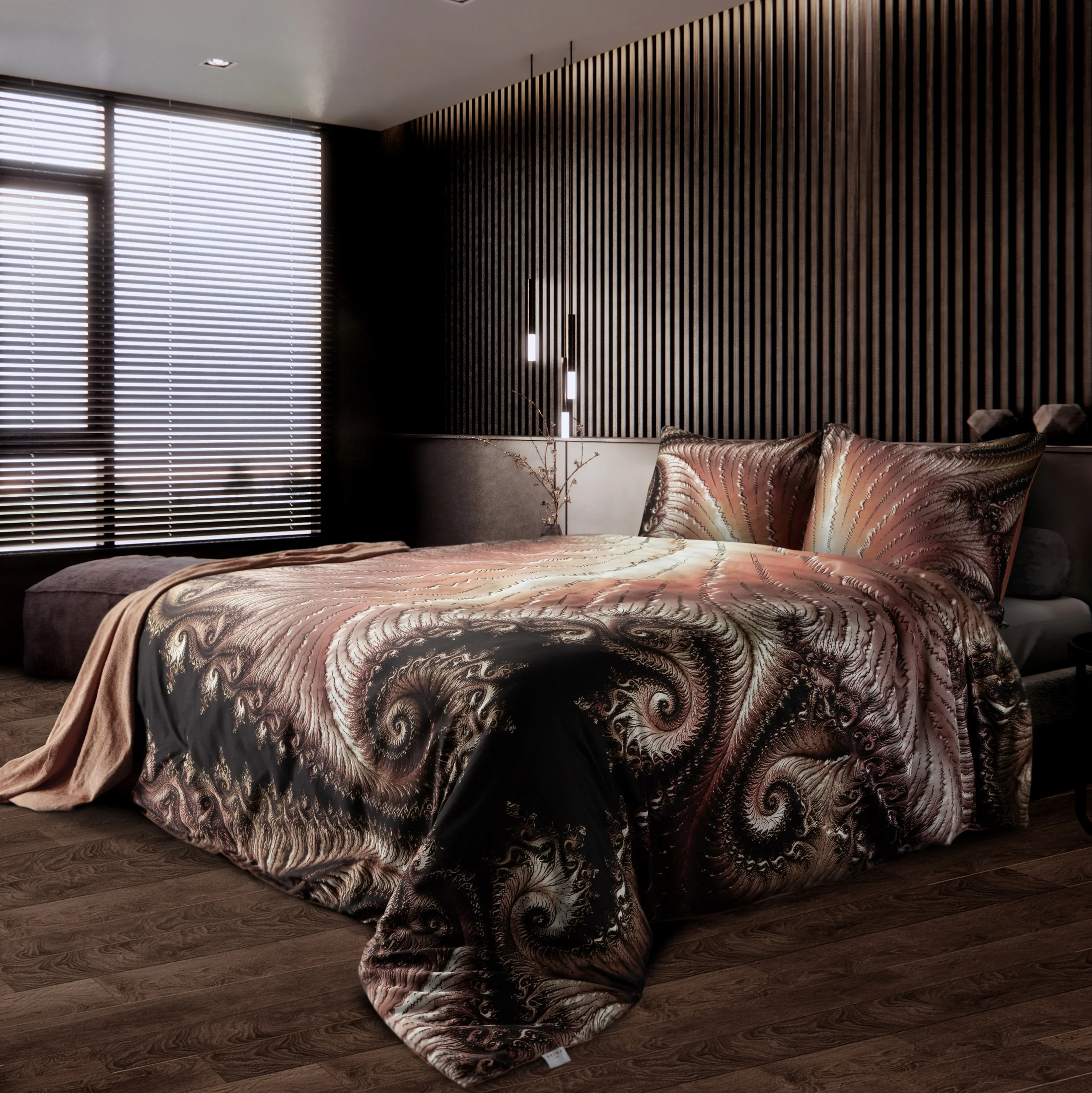 Ekskluzywna pościel 220x200 cm bawełniana kolor brązowy, czarny z nowoczesnym wzorem Reina Line | eurofirany