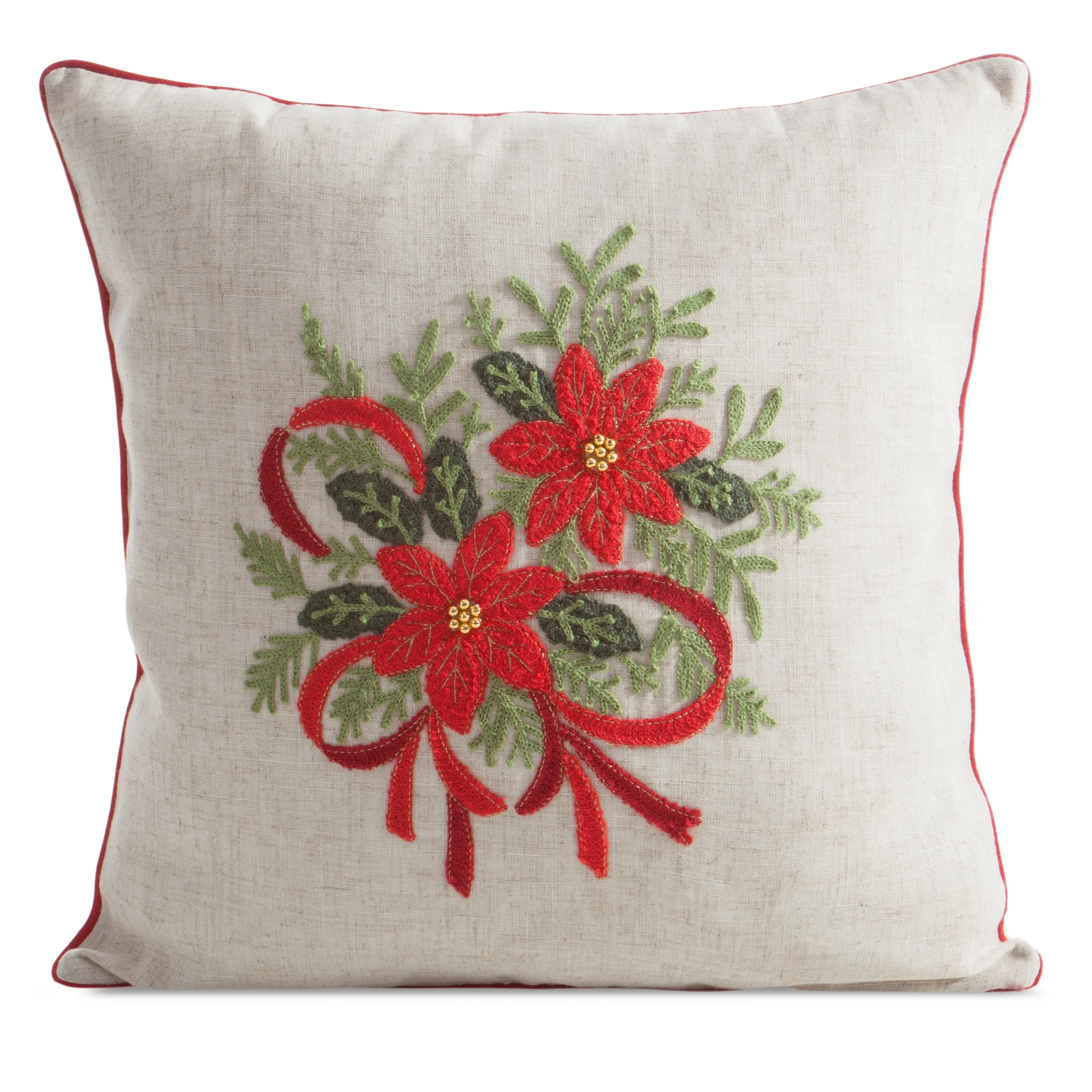Poszewka na poduszkę świąteczna 45x45 cm o strukturze lnu czerwono, zielona zdobiona aplikacją | eurofirany