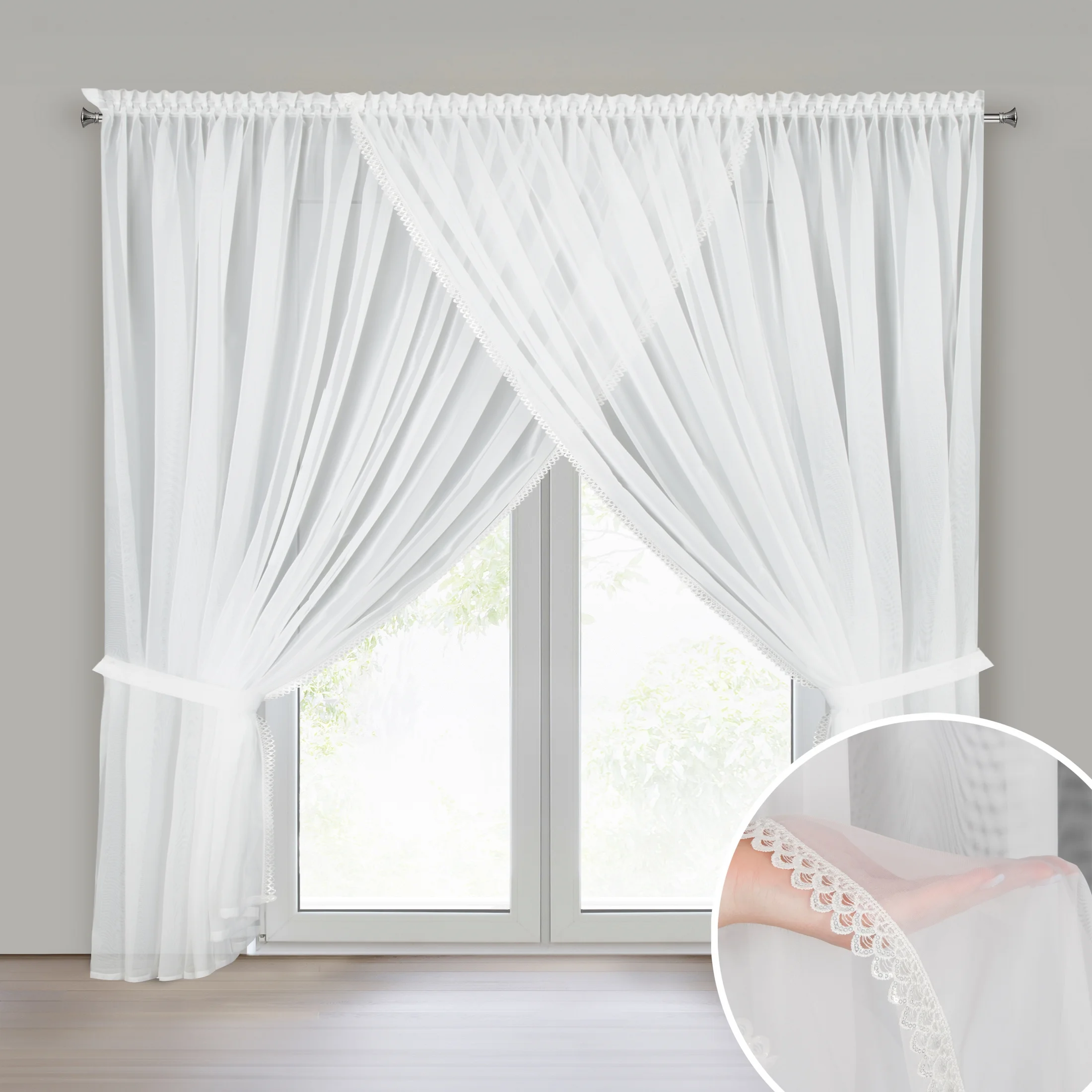 Firana biała z ozdobną koronką i troczkami w zestawie 400x250 cm na taśmie - CAROLINE | eurofirany