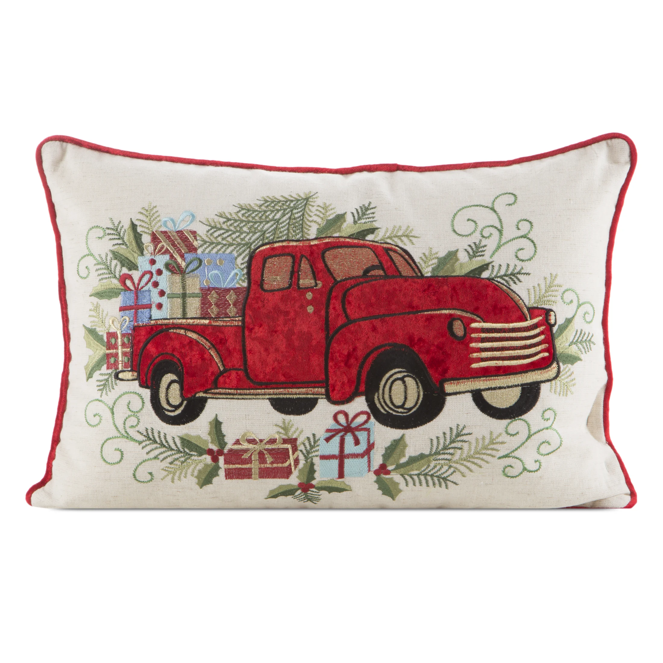 Poszewka na poduszkę świąteczna 35x50 cm czerwono, zielona zdobiona haftem autka | eurofirany