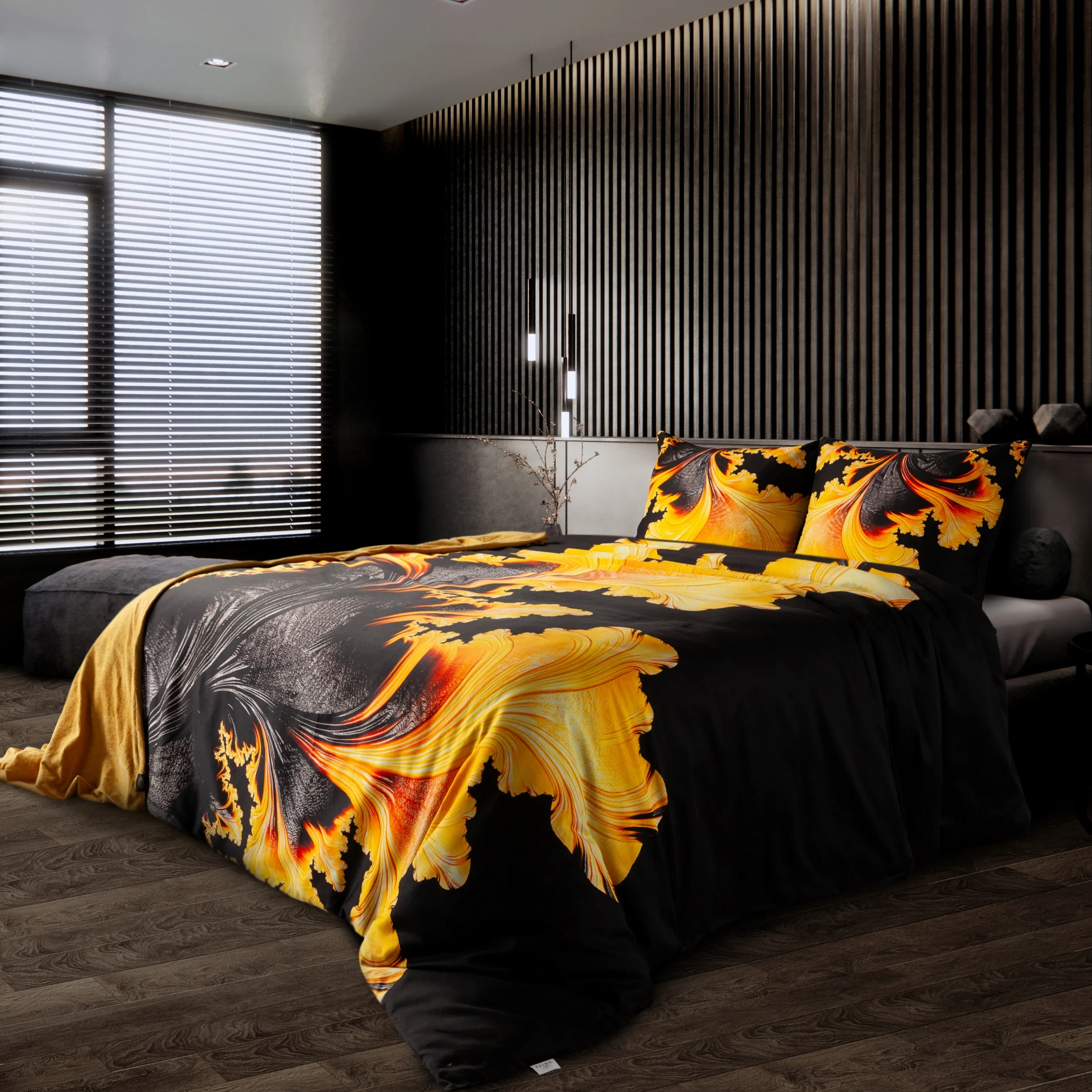 Ekskluzywna pościel 220x200 cm bawełniana kolor czarny, żółty z nowoczesnym wzorem Reina Line | eurofirany