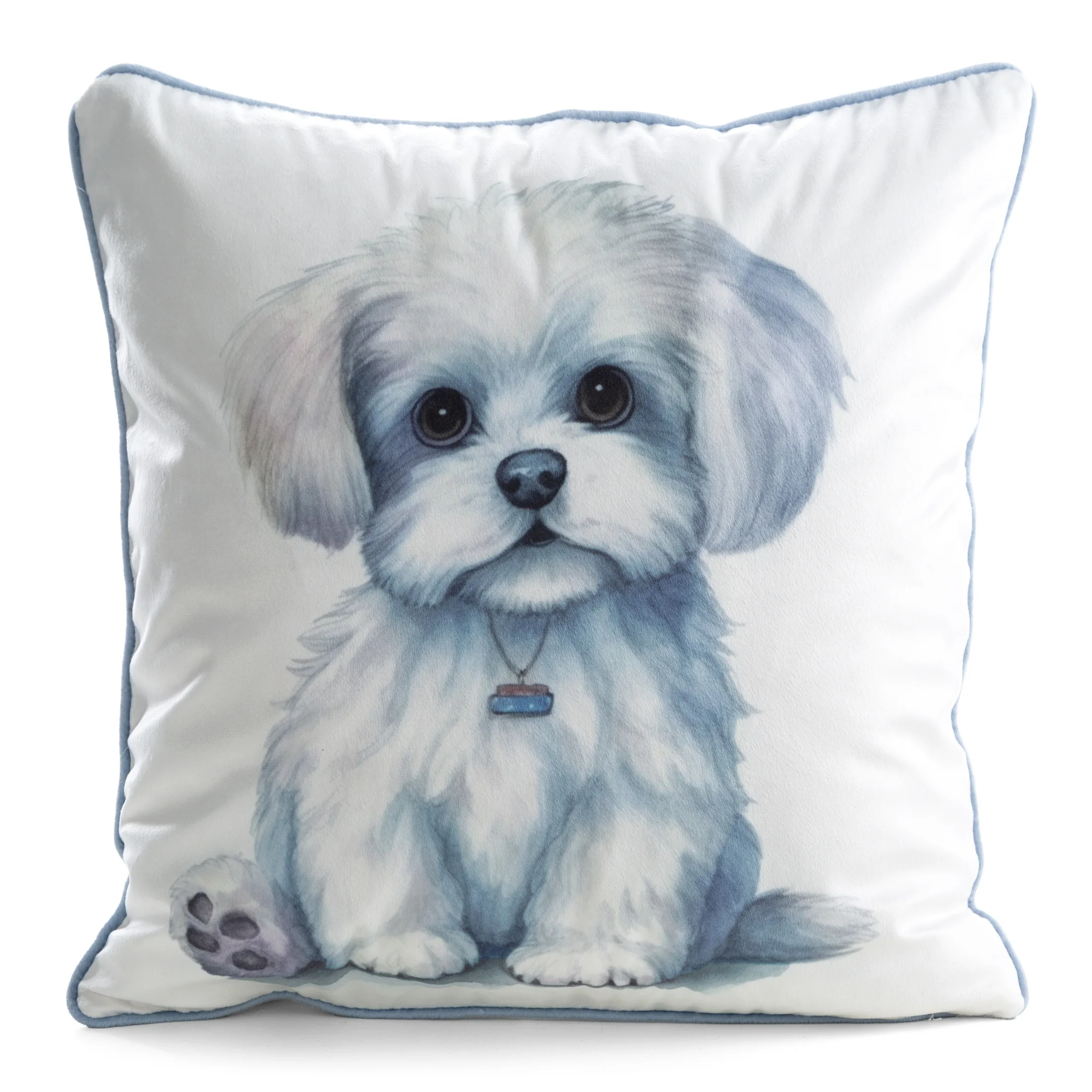 Poszewka na poduszkę 45x45 cm welwetowa biały, jasnoniebieski z motywem psa ANIMAL 84 | eurofirany