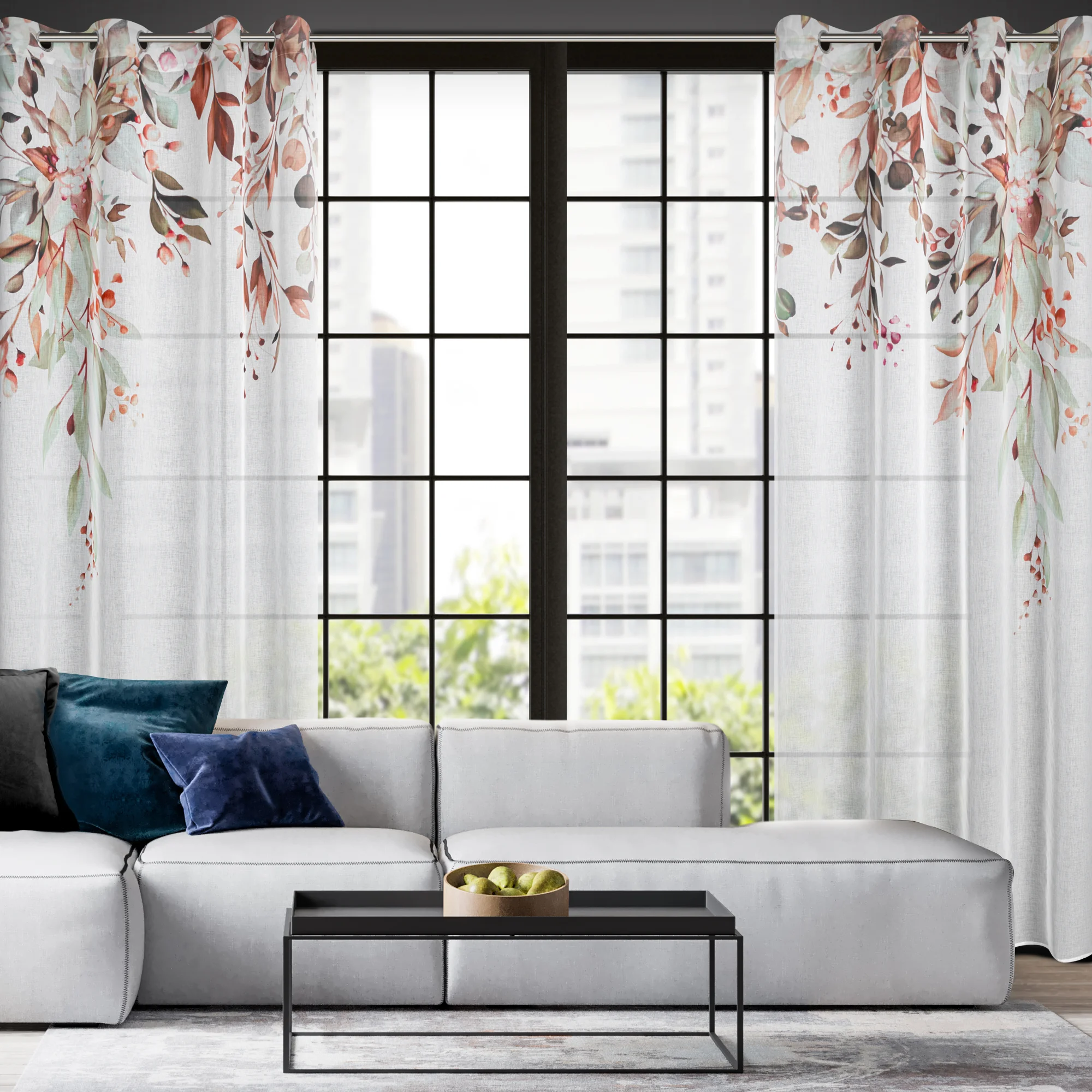 Komplet zasłon 2 szt biało, rudy z motywem jesiennych kwiatów z lekkiej etaminy 140x260 cm przelotka - MEG | eurofirany