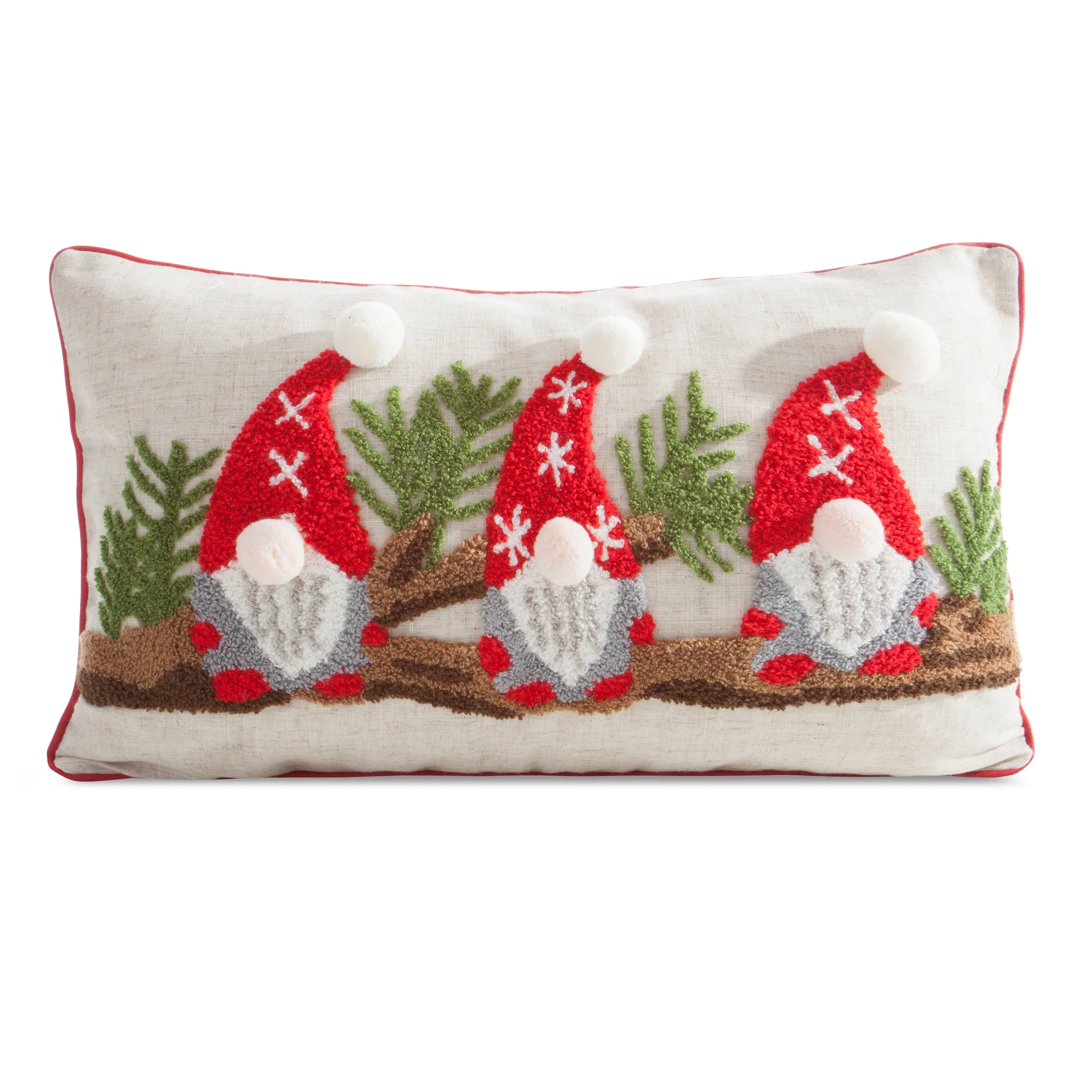 Poszewka na poduszkę świąteczna 30x50 cm o strukturze lnu czerwono, zielona zdobiona uroczymi skrzatami | eurofirany
