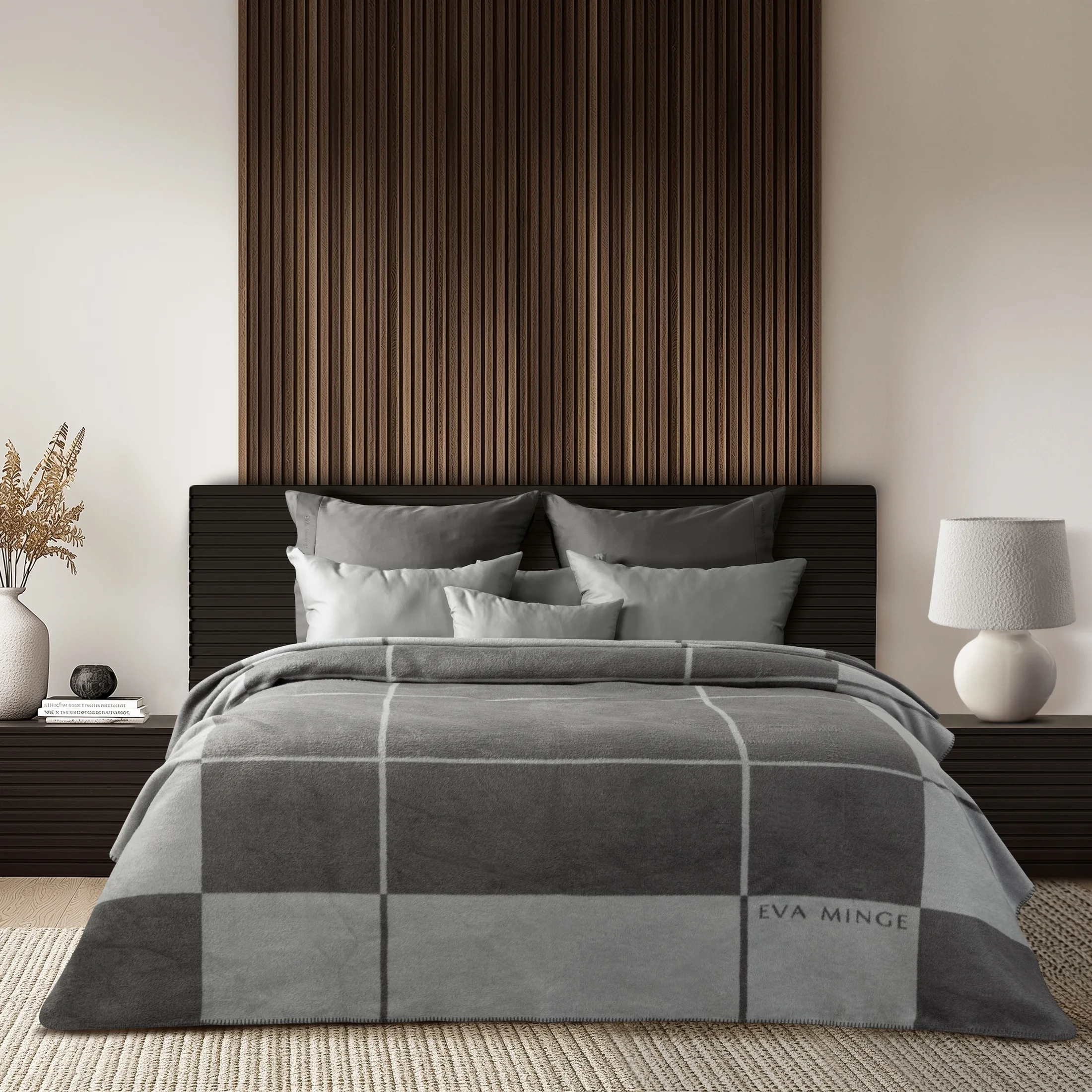 Koc bawełniano-akrylowy 220x240 cm srebrno, stalowy z geometrycznym nadrukiem ELEGANTE Eva Minge | eurofirany