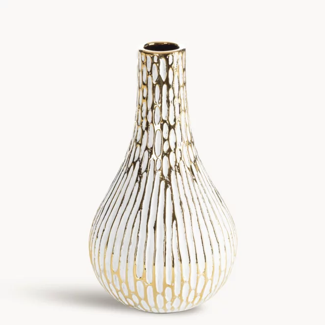 Wazon ceramiczny biało, złoty o ozdobnej fakturze 14x25 cm ANDREA