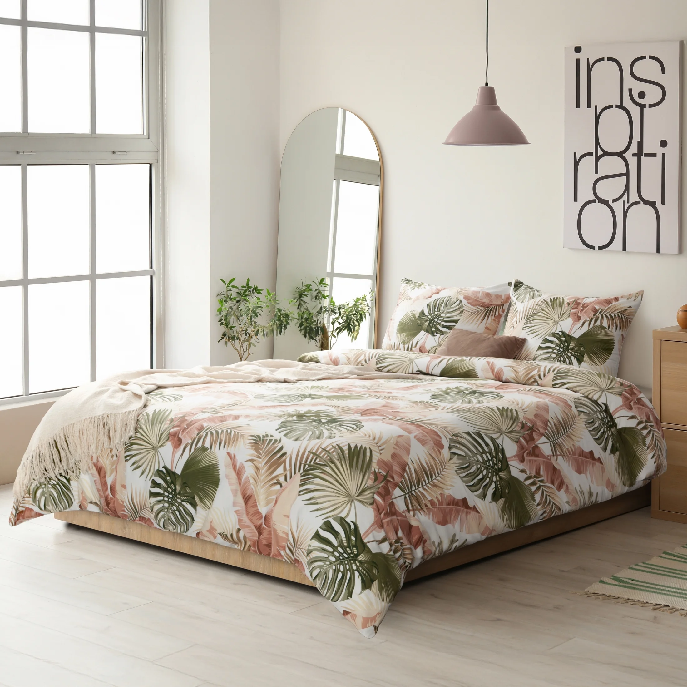 Pościel 220x200 cm bawełniana kolor biały, zielony z wzorem roślinnym SPRING 29 |