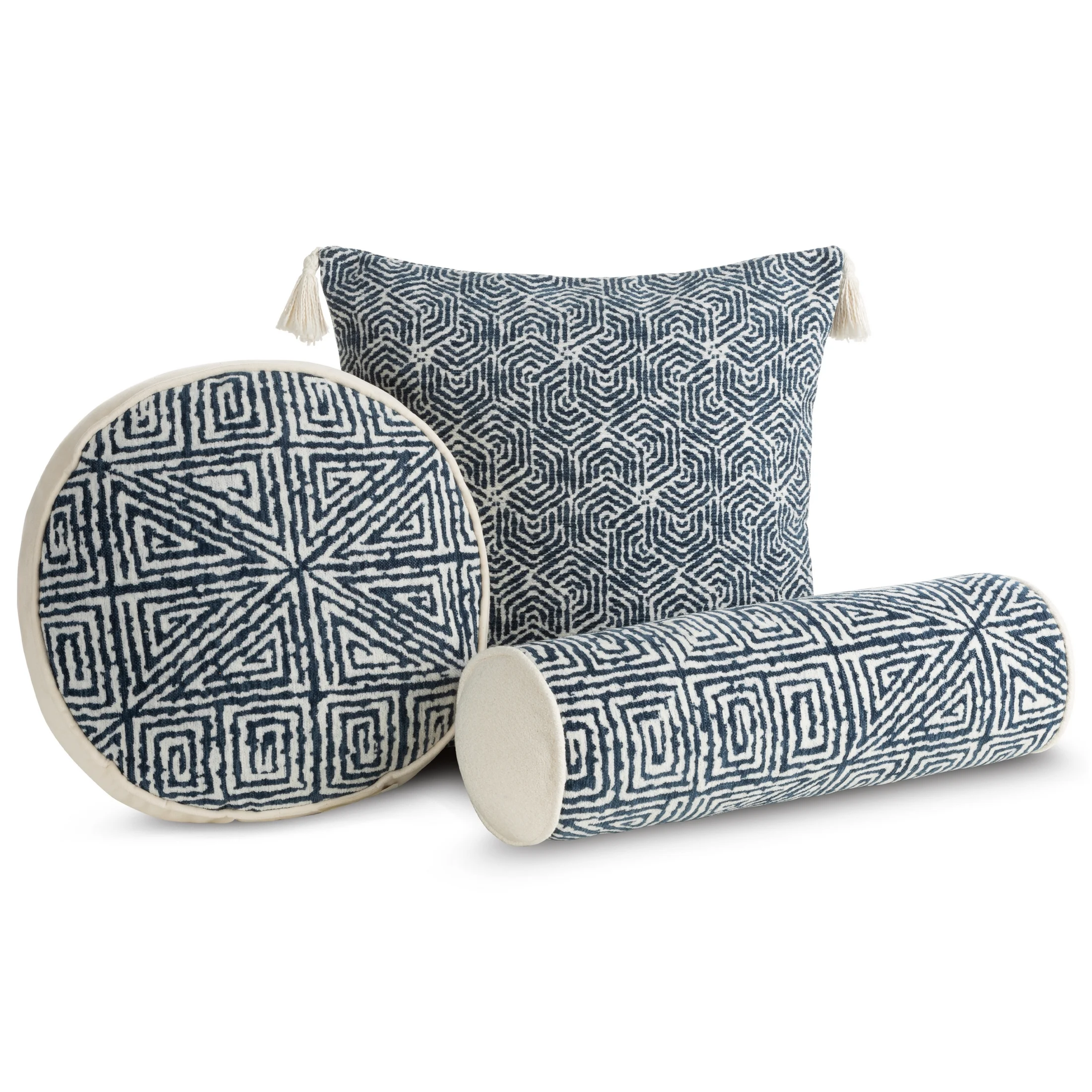 Poszewka na poduszkę 45x45 cm granatowo, kremowa w stylu boho zdobiona chwostami na rogach poszewki FABIA