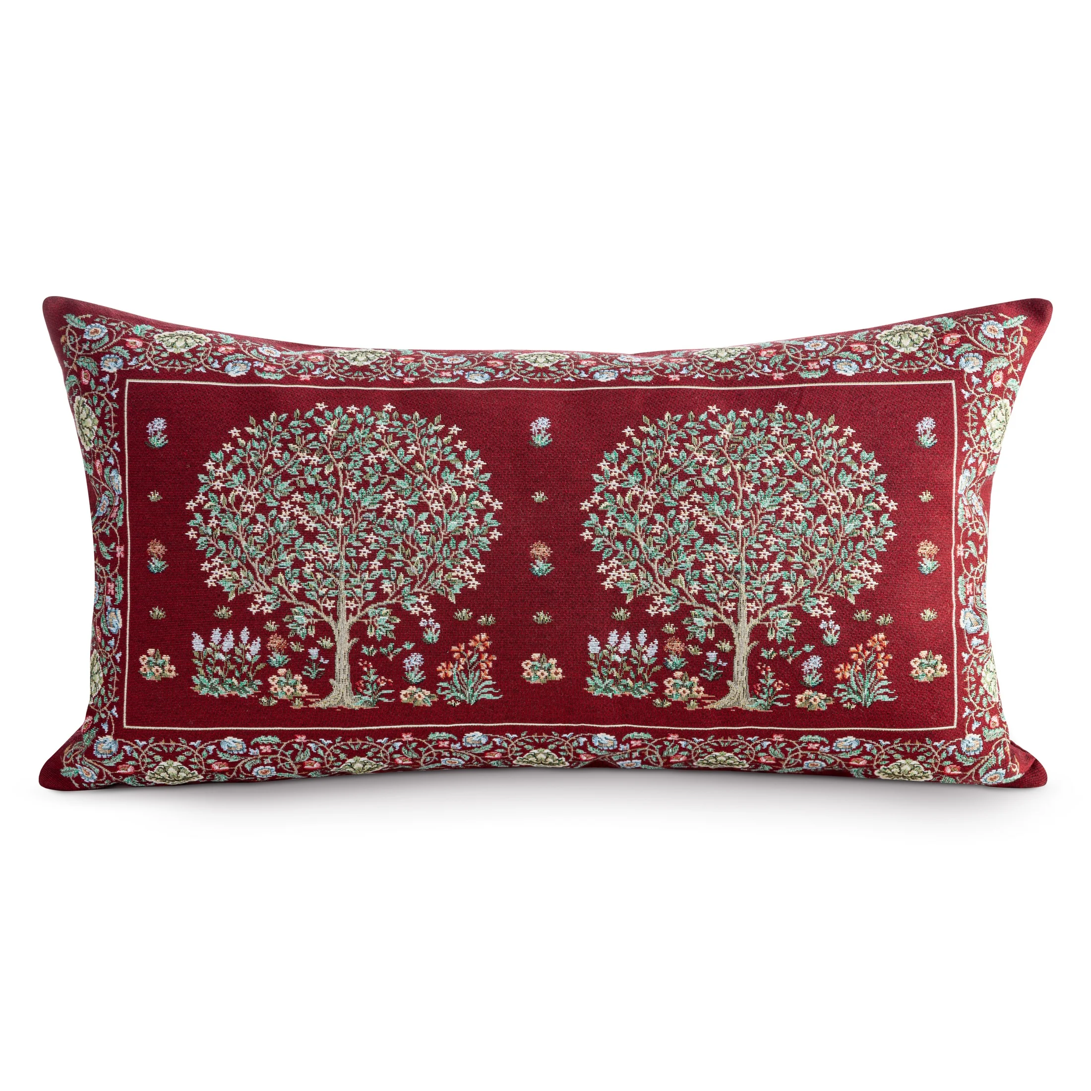 Poszewka na poduszkę 40x70 cm gobelinowa kolor czerwony zdobiona tkanym motywem drzewka szczęścia | eurofirany