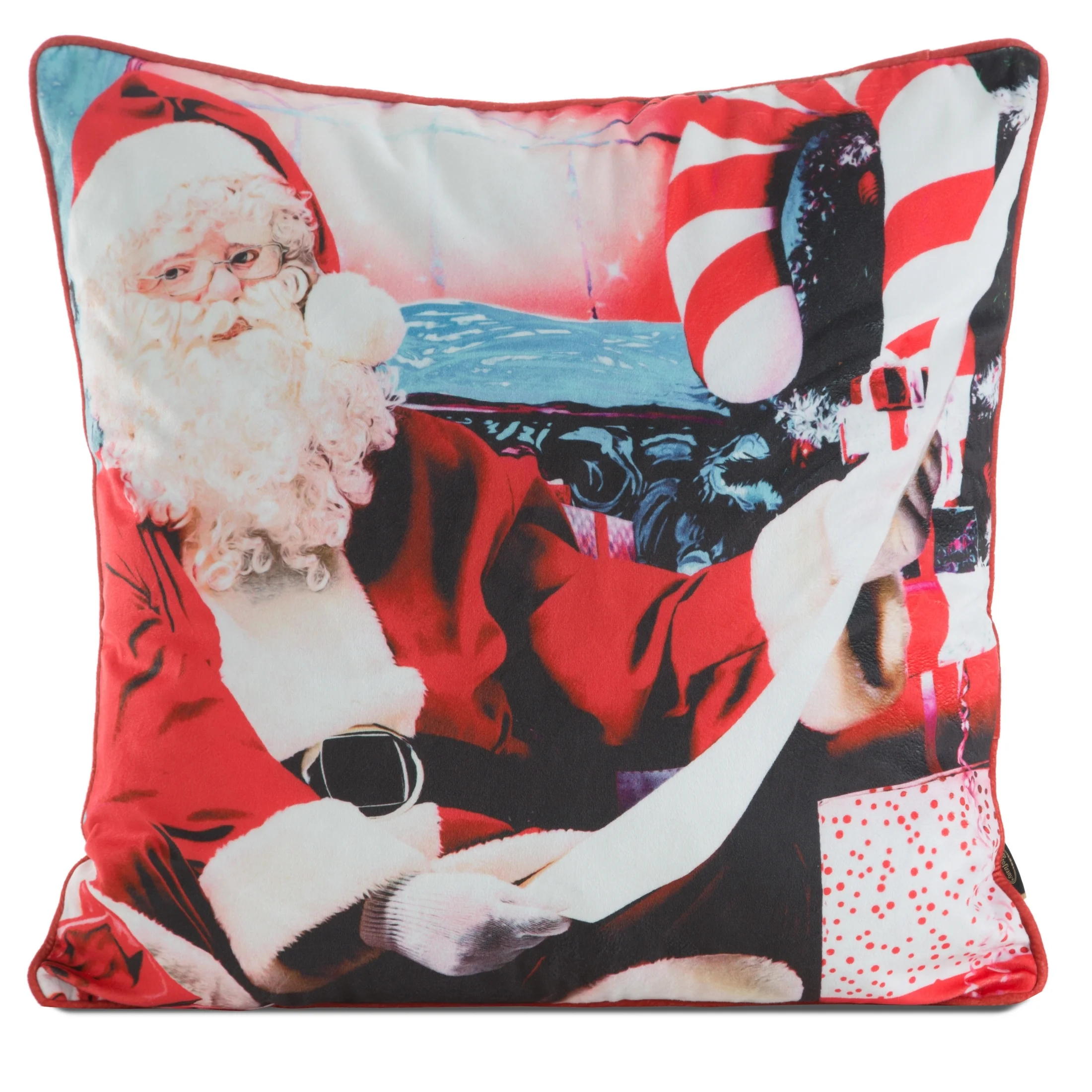 Poszewka na poduszkę 45x45 cm welwetowa, czerwono biała zdobiona uroczym motywem świątecznym | eurofirany