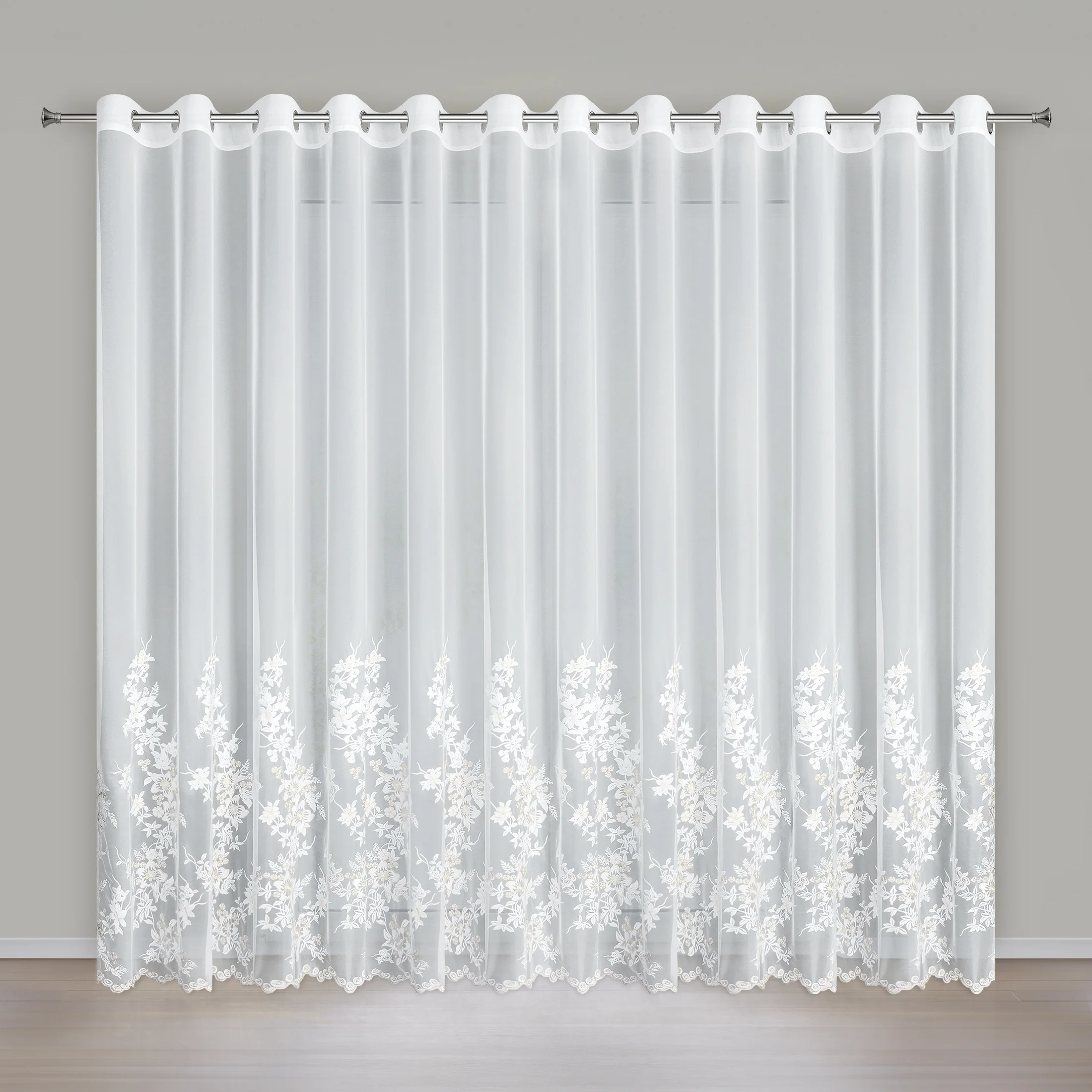 Firana kremowo z siateczki zdobiona haftem z dodatkiem szampańskiej nici 300x250 cm przelotka - ALIRA | eurofirany