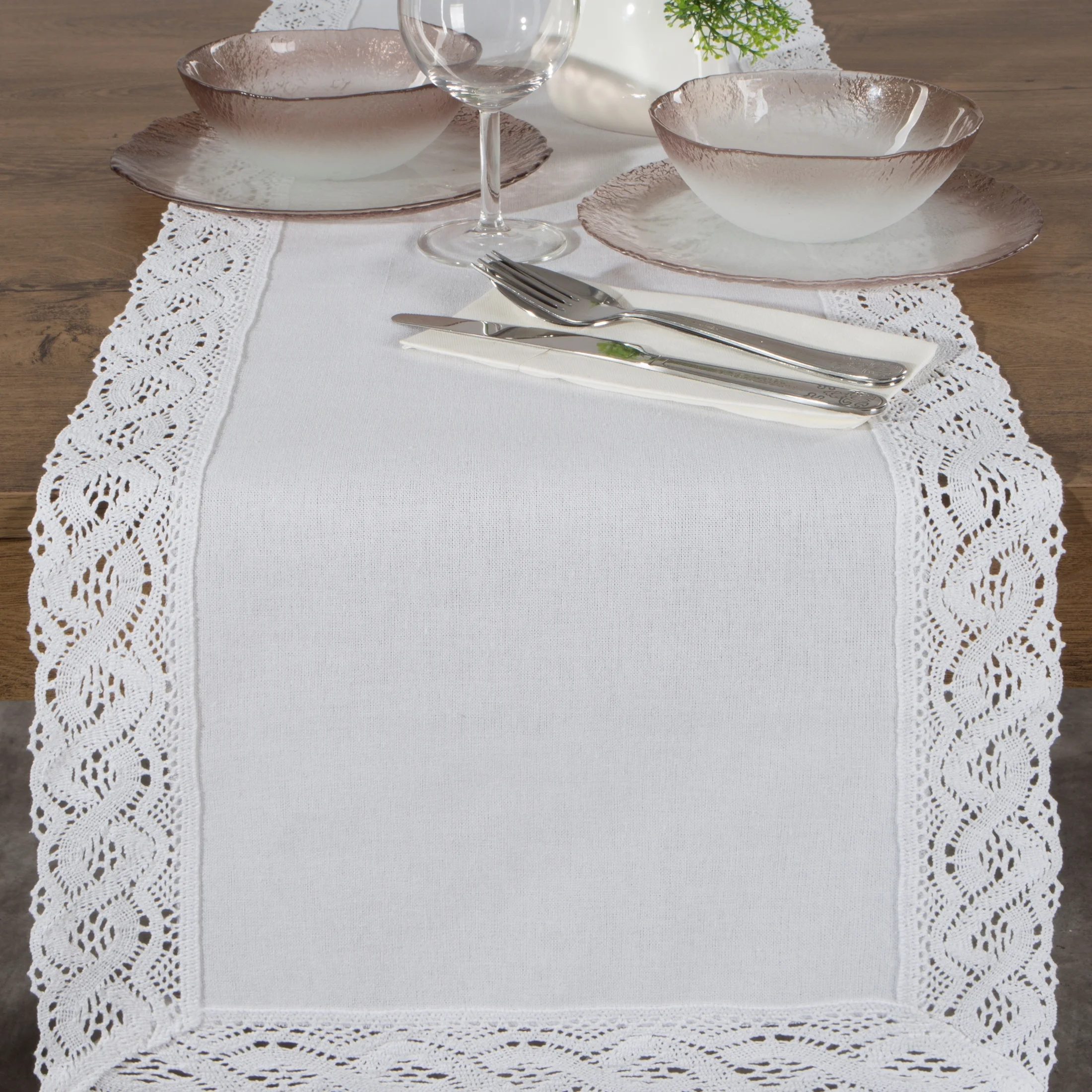 Bieżnik na stół 35x180 cm biały zdobiony koronką - SUSAN