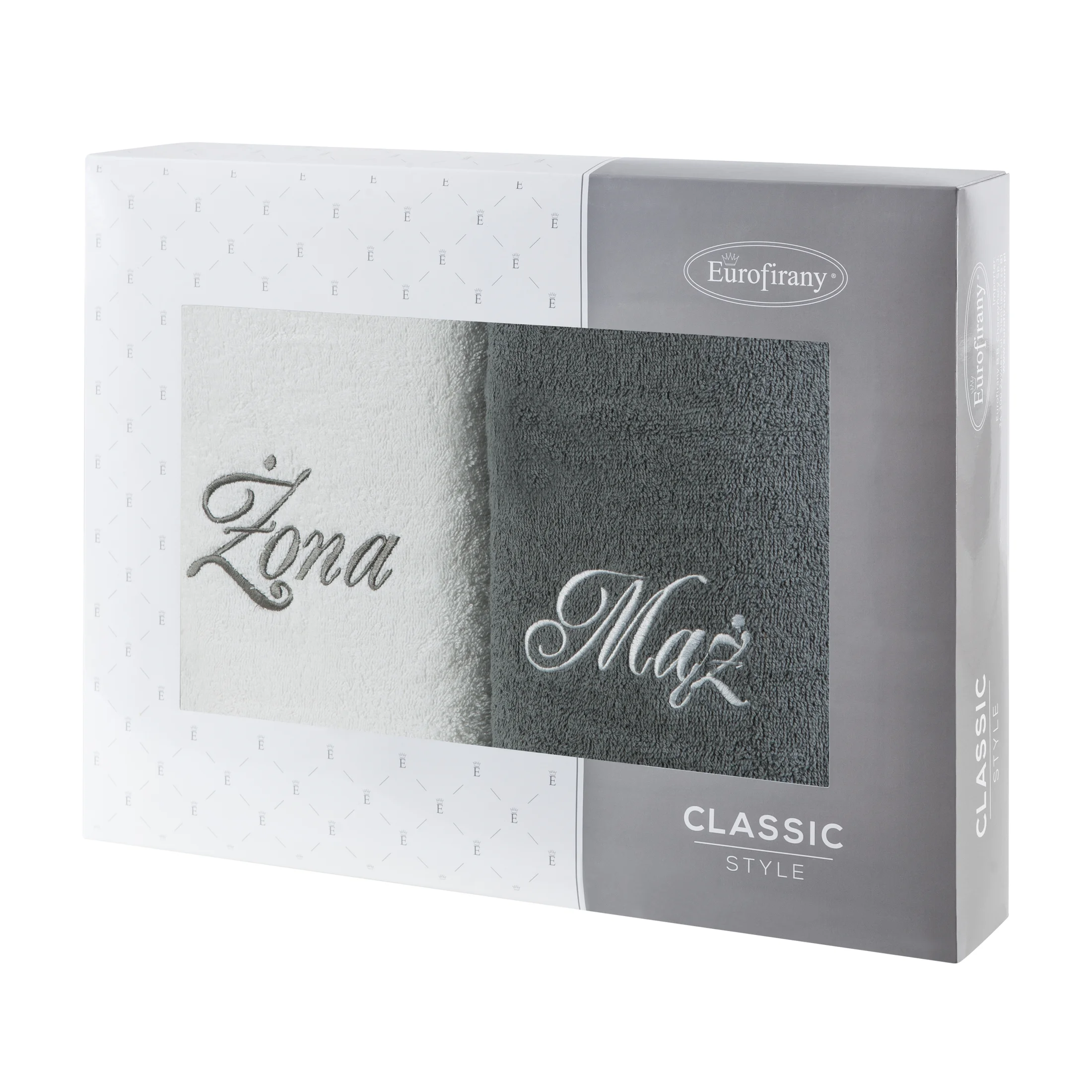 Zestaw ręczników bawełnianych na prezent 2 szt 50x90 cm z haftem Żona i Mąż kolor biały,popielaty 400 g/m2