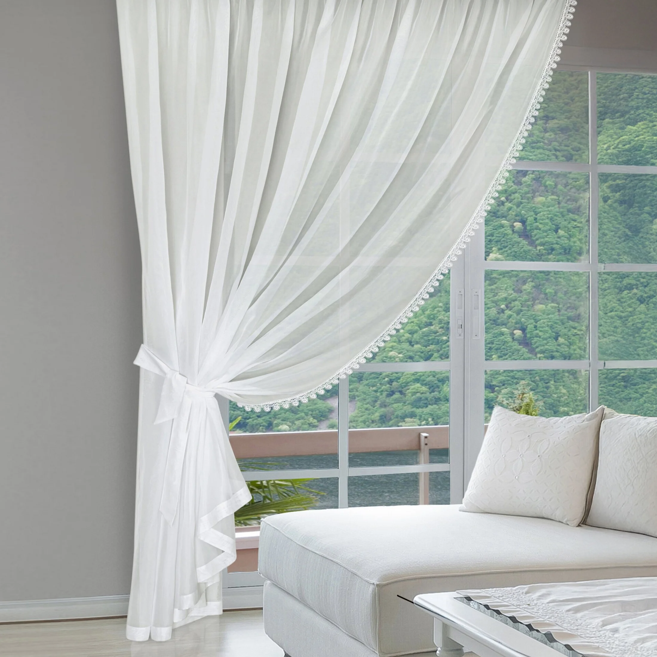 Firana kremowa z woalu zdobiona ażurową gipiurą 200x250 cm taśma - VENECJA1 | eurofirany