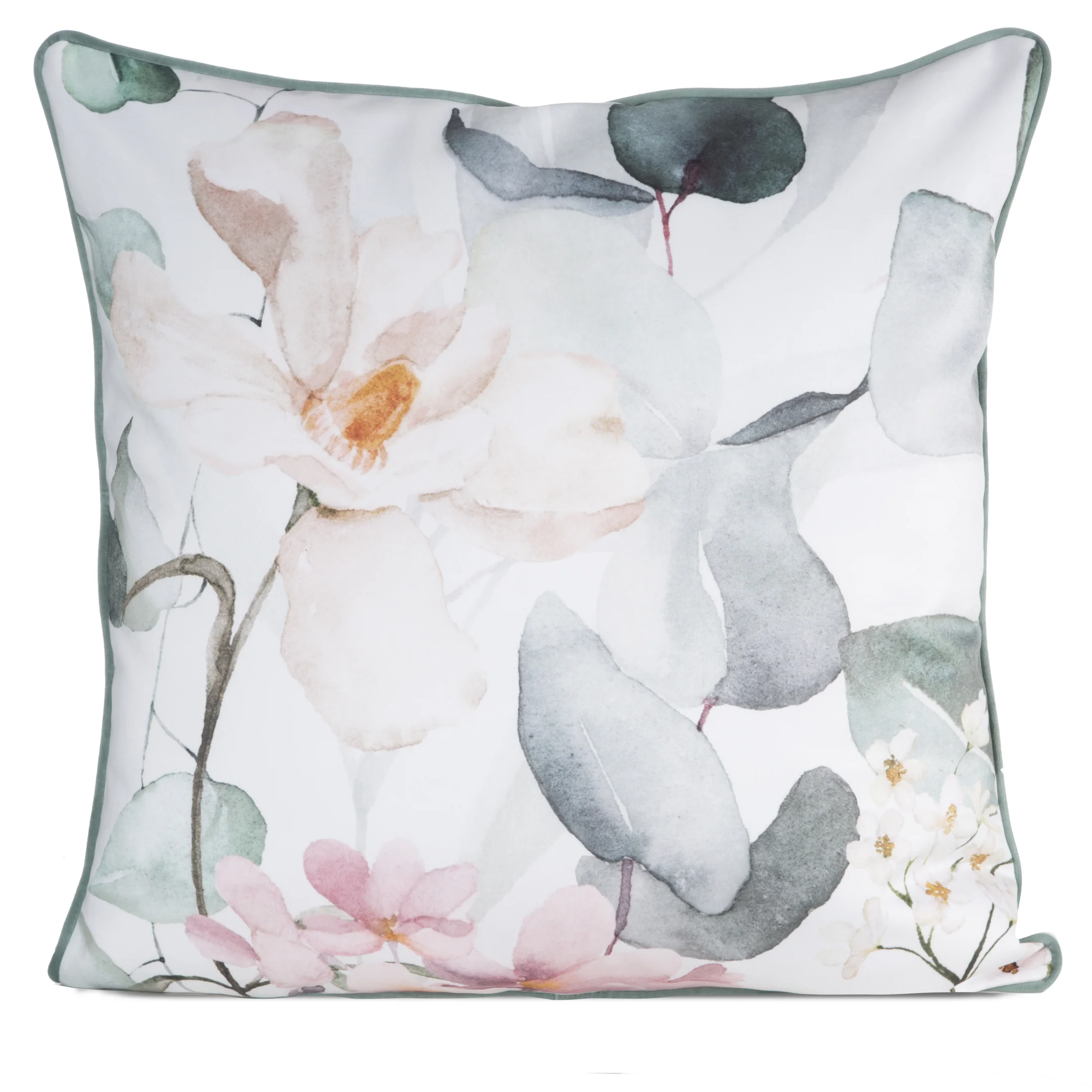 Poszewka na poduszkę dwustronna 60x60 cm welwetowa, biało zielona z motywem roślinnym z wypustką na brzegach JULIET Eurofirany Premium | eurofirany