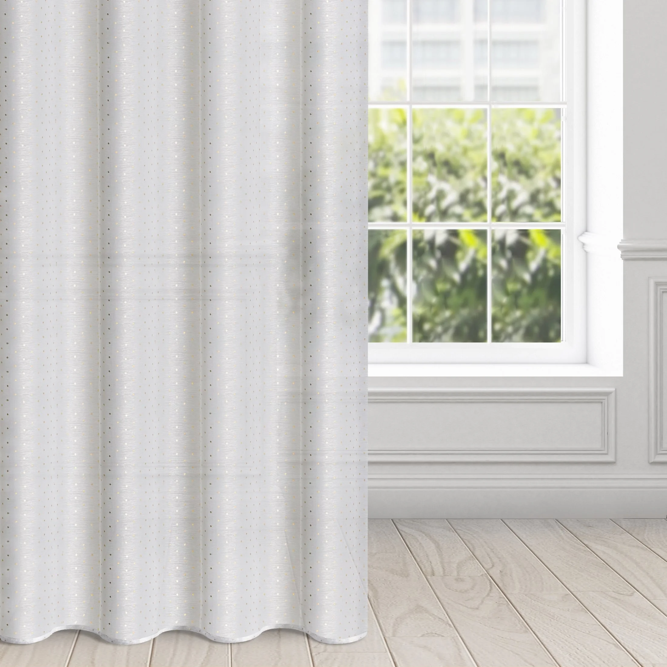 Firana biała z jasnozłotym nadrukiem drobnych kwadracików 140x250 cm przelotka SIBEL | eurofirany