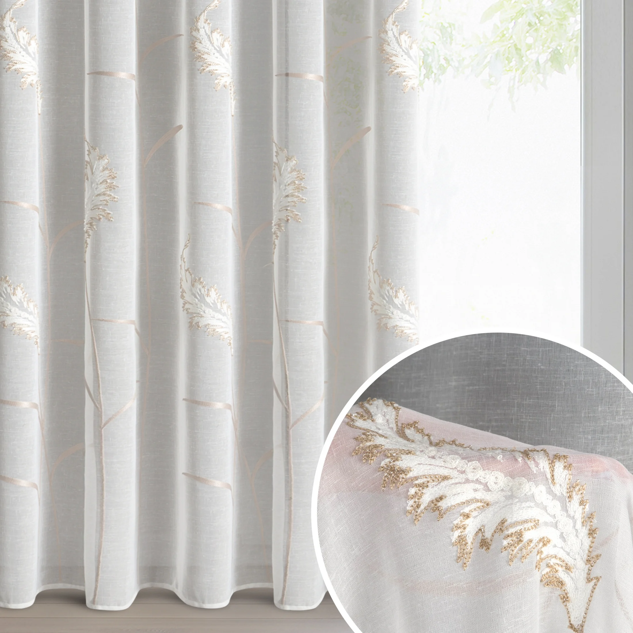 Firana kremowa z matowej etaminy zdobiona haftem z dodatkiem złotej nici 140x270 cm taśma - AURELIA | eurofirany