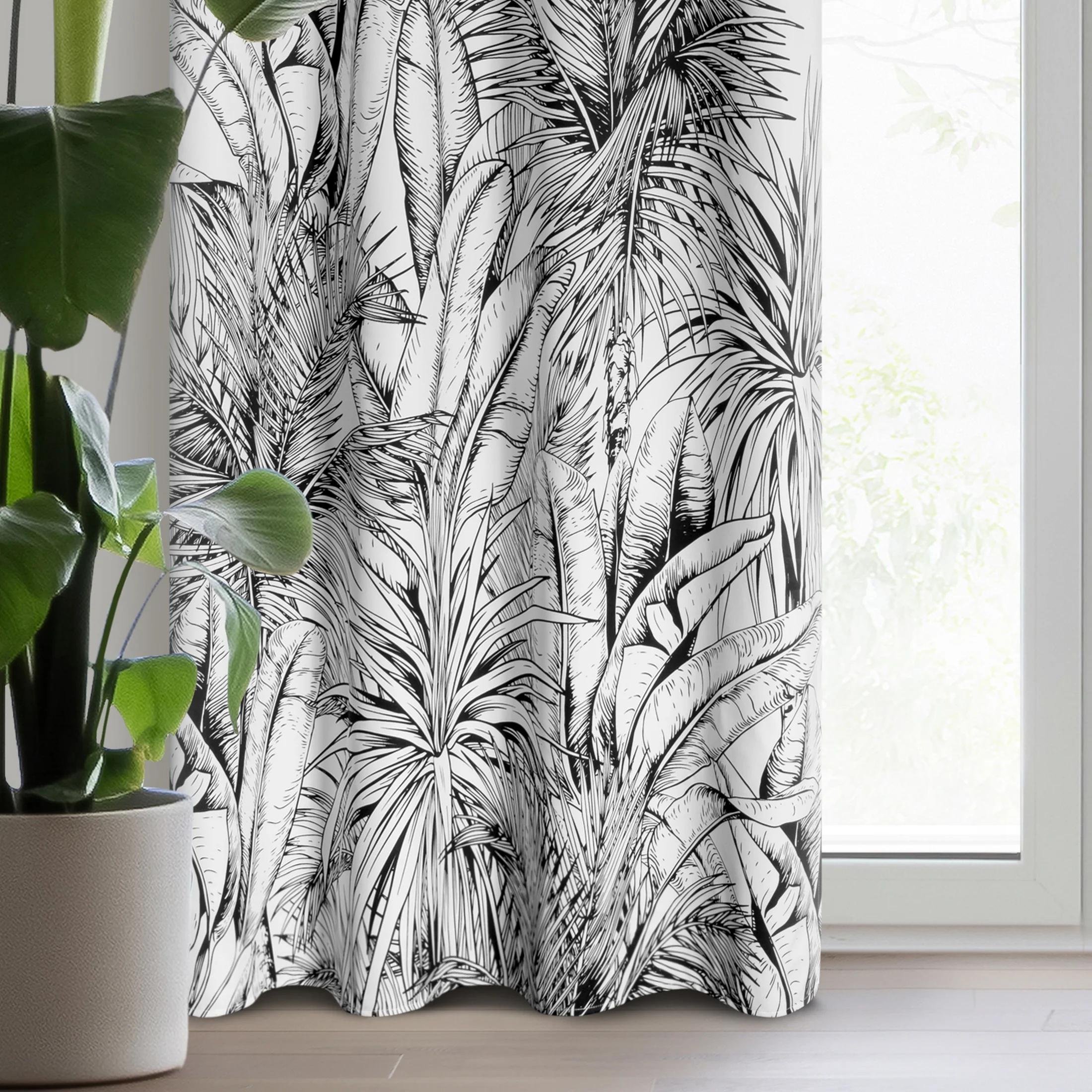 Zasłona biało, czarna z nadrukiem botanicznym, zaciemniająca 140x250 cm przelotka - NERINA | eurofirany