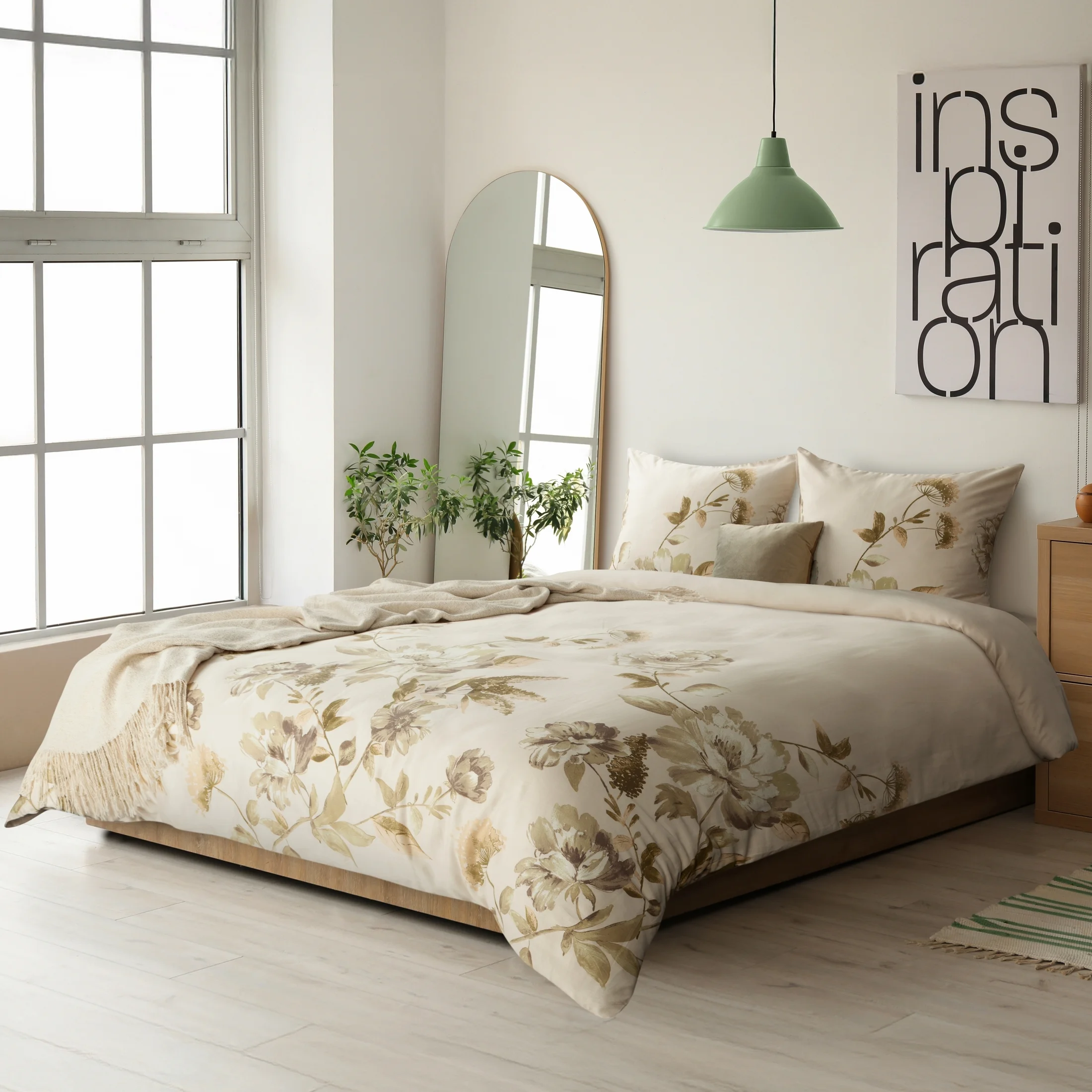 Pościel 220x200 cm bawełniana kolor beżowy, oliwkowy z wzorem kwiatowym SPRING 38 | eurofirany