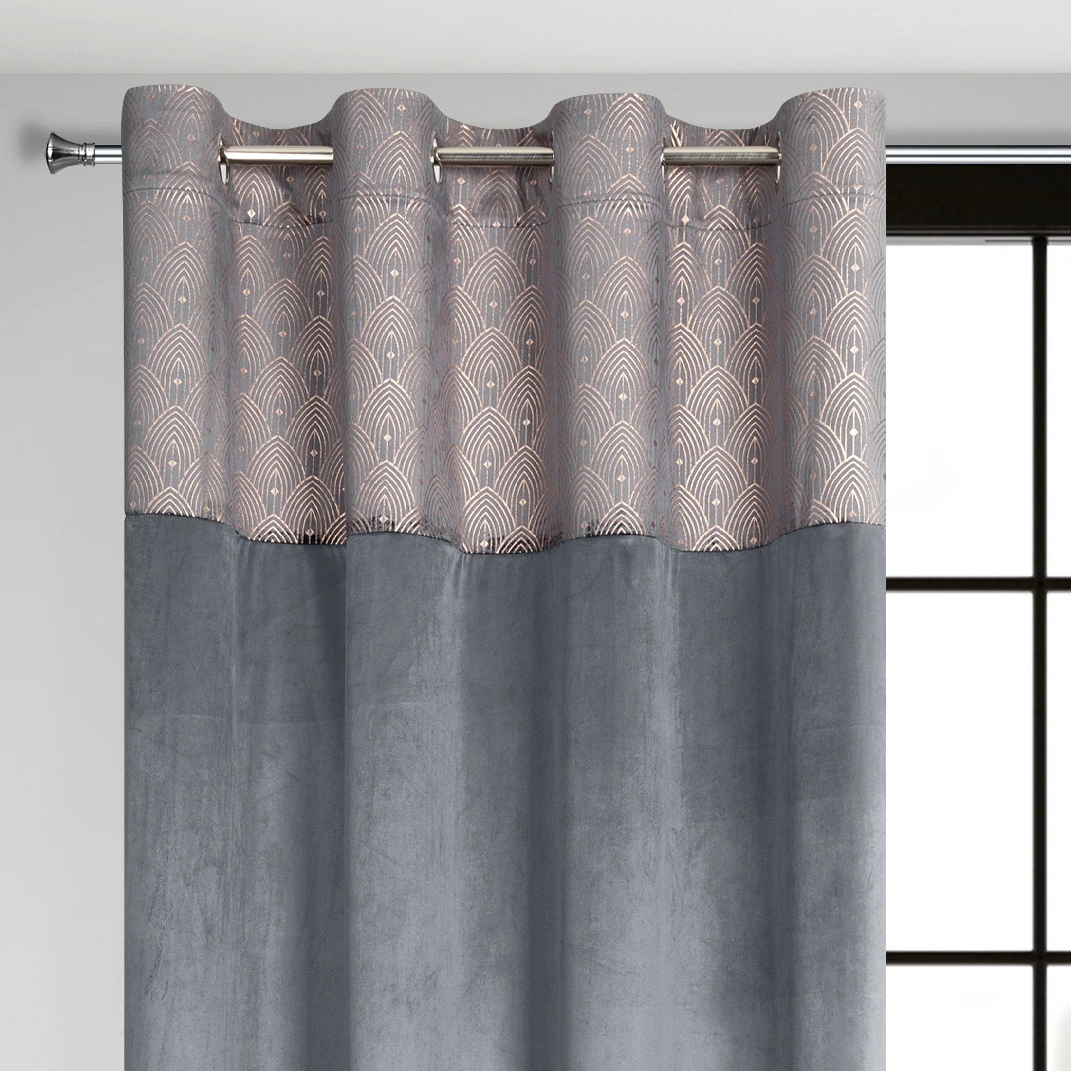 Zasłona grafitowa z aplikacją z błyszczącego welwetu 140x250 cm przelotka - AGNES - Design 91 | eurofirany