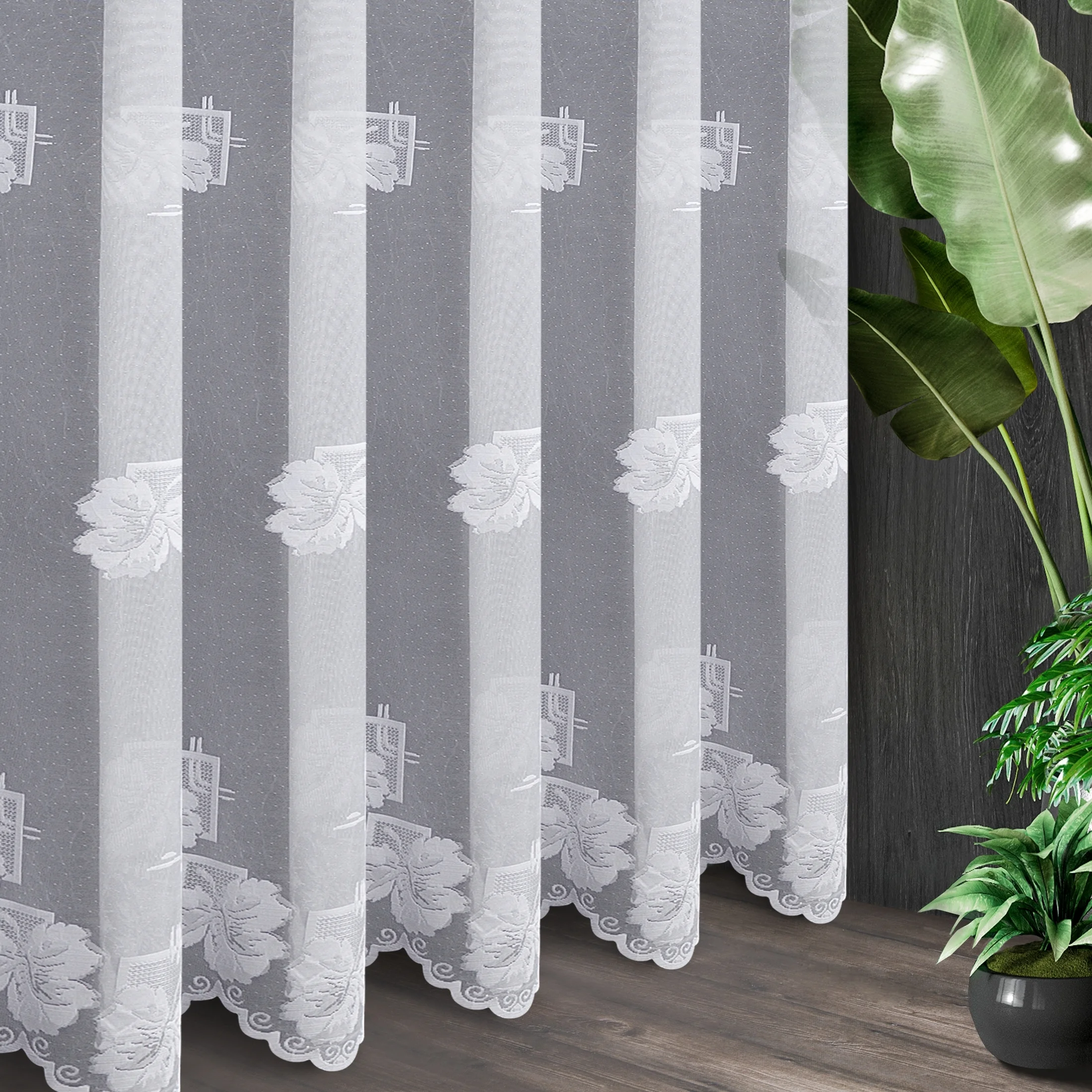 Tkanina firanowa żakardowa z motywem liści i efektem kreszowania