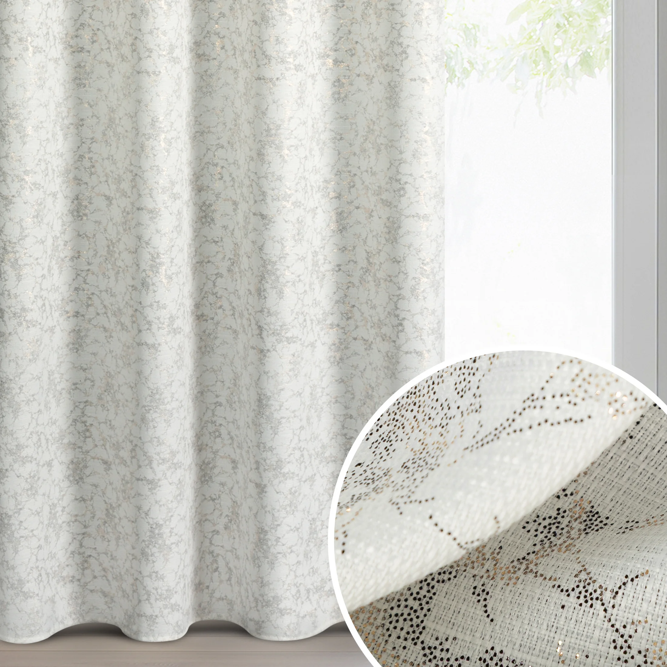 Zasłona kremowo, grafitowa zdobiona nadrukiem imitującym marmurek 140x250 cm przelotka - RONYA | eurofirany