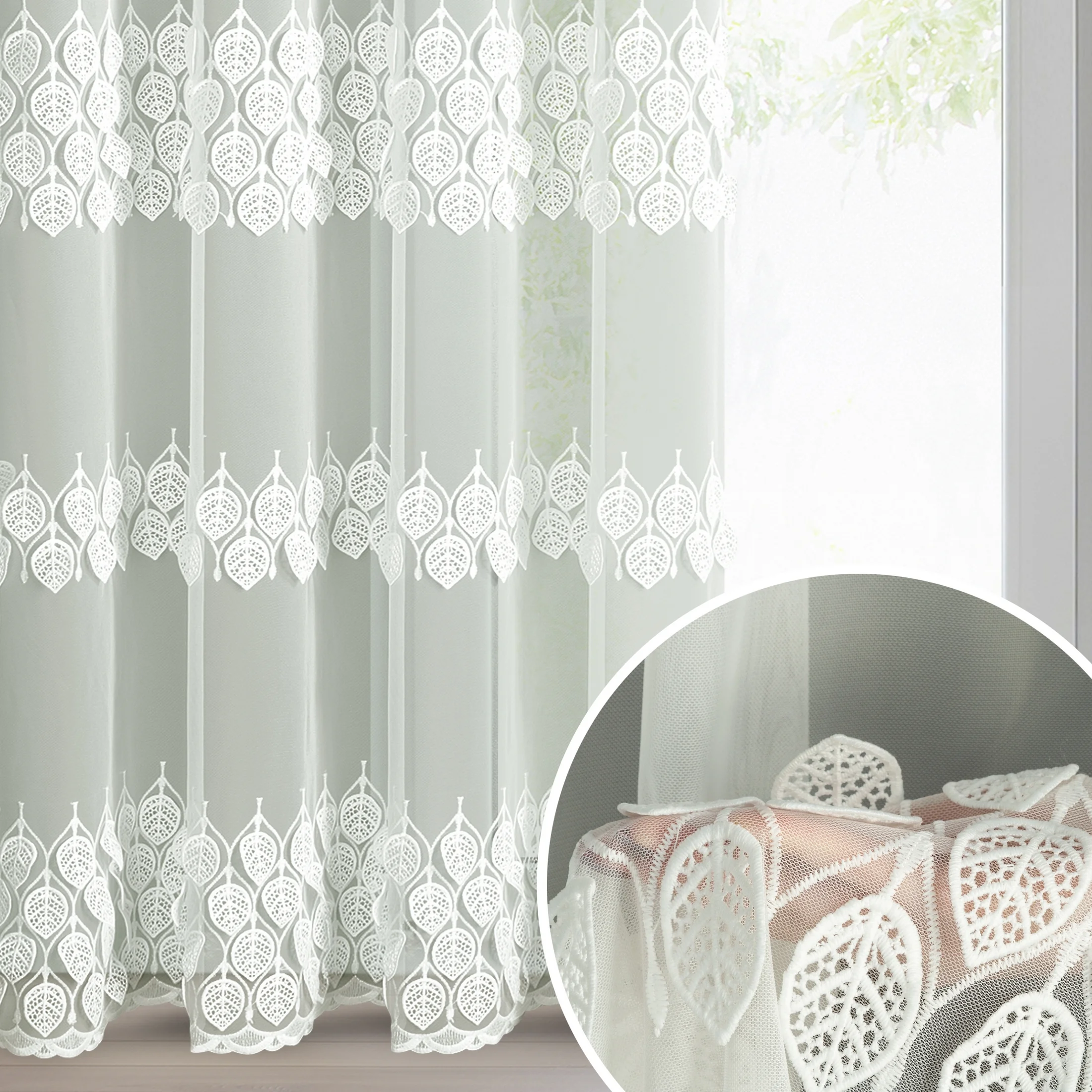 Firana kremowa z drobnej siateczki zdobiona ażurowym haftem 140x250 cm przelotka - NIRA | eurofirany