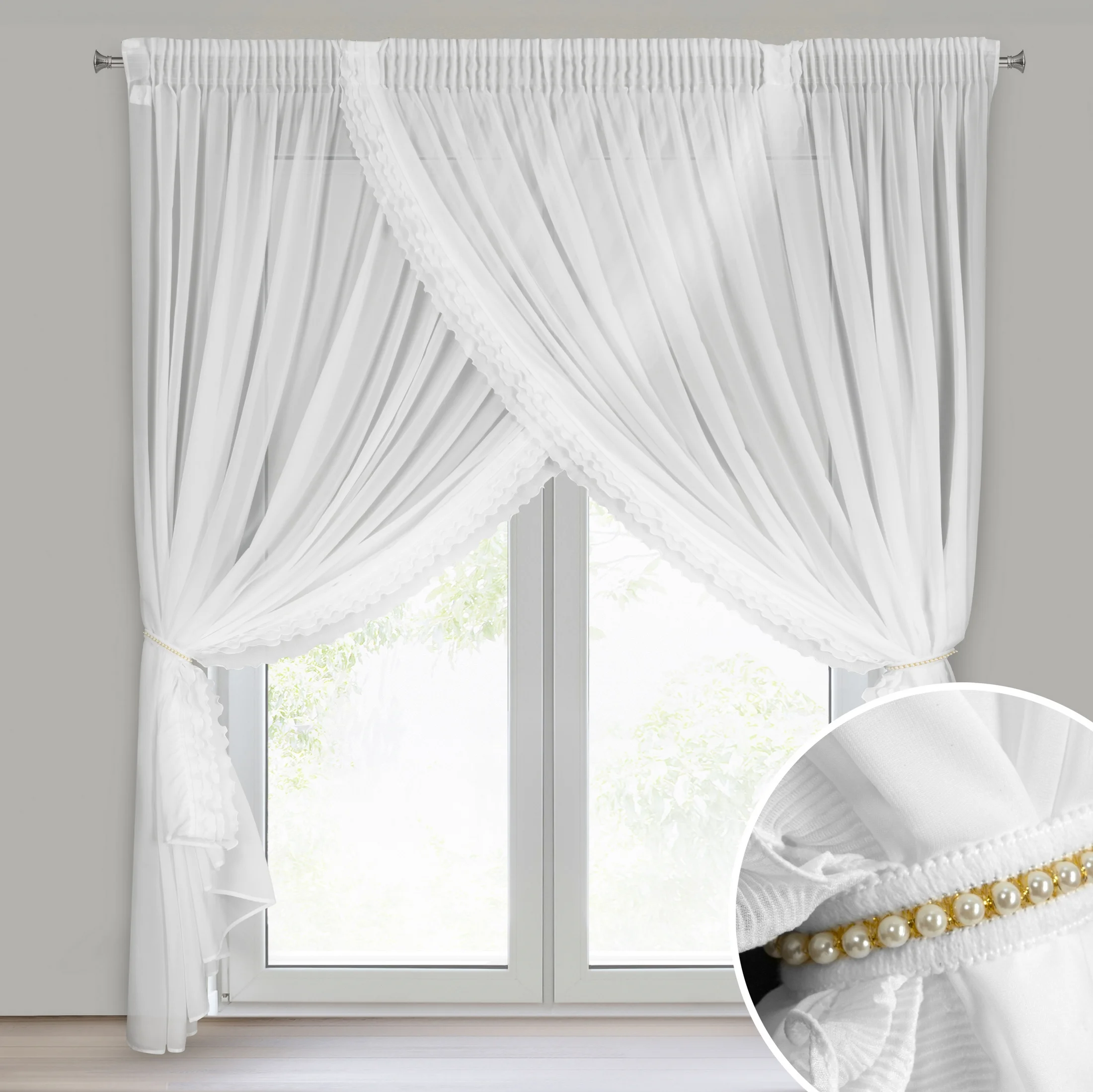 Firana biała z szyfonowej tkaniny zdobiona falbanką w komplecie troczek 400x250 cm LUISA - taśma | eurofirany