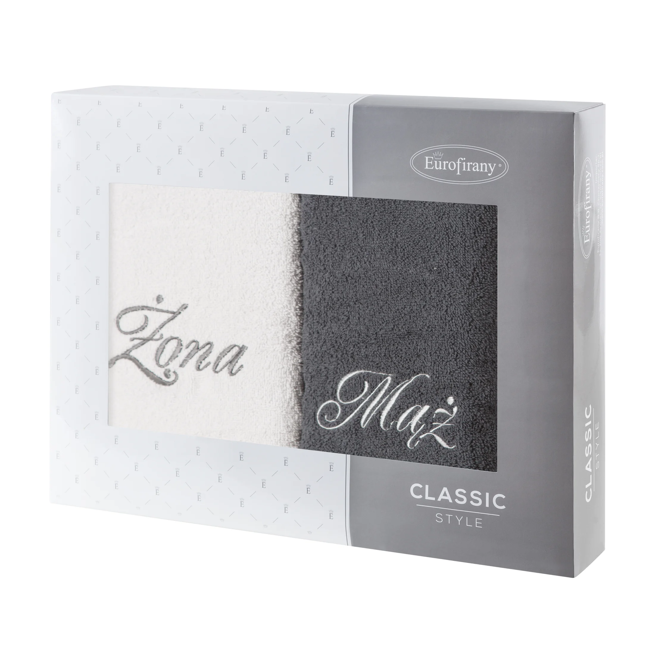 Zestaw ręczników bawełnianych na prezent 2 szt 70x140 cm z haftem Żona i Mąż kolor srebrny,stalowy 400 g/m2