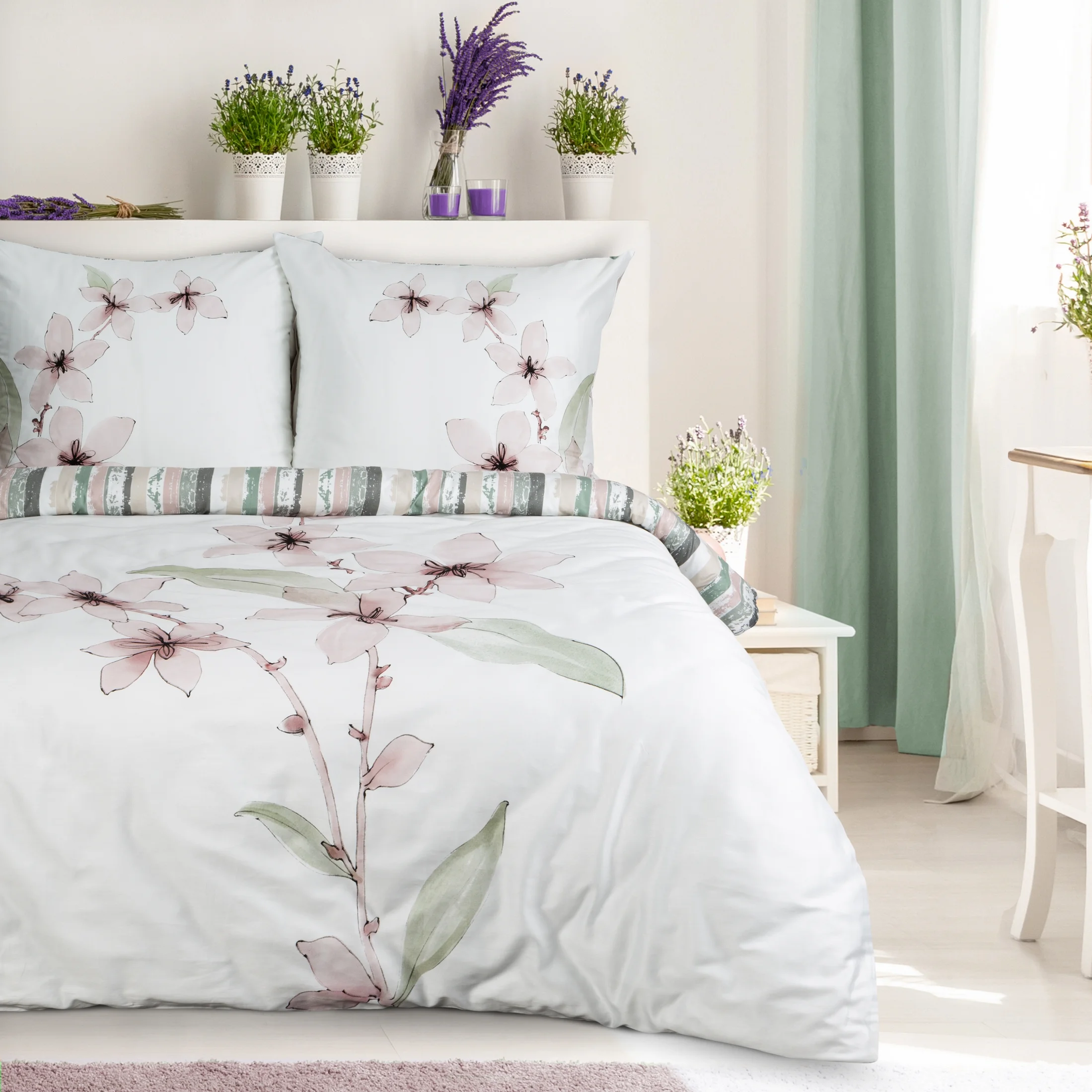 Pościel 220x200 cm bawełniana kolor biały, pudrowy z motywem roślinnym BIANCA Eurofirany Premium | eurofirany