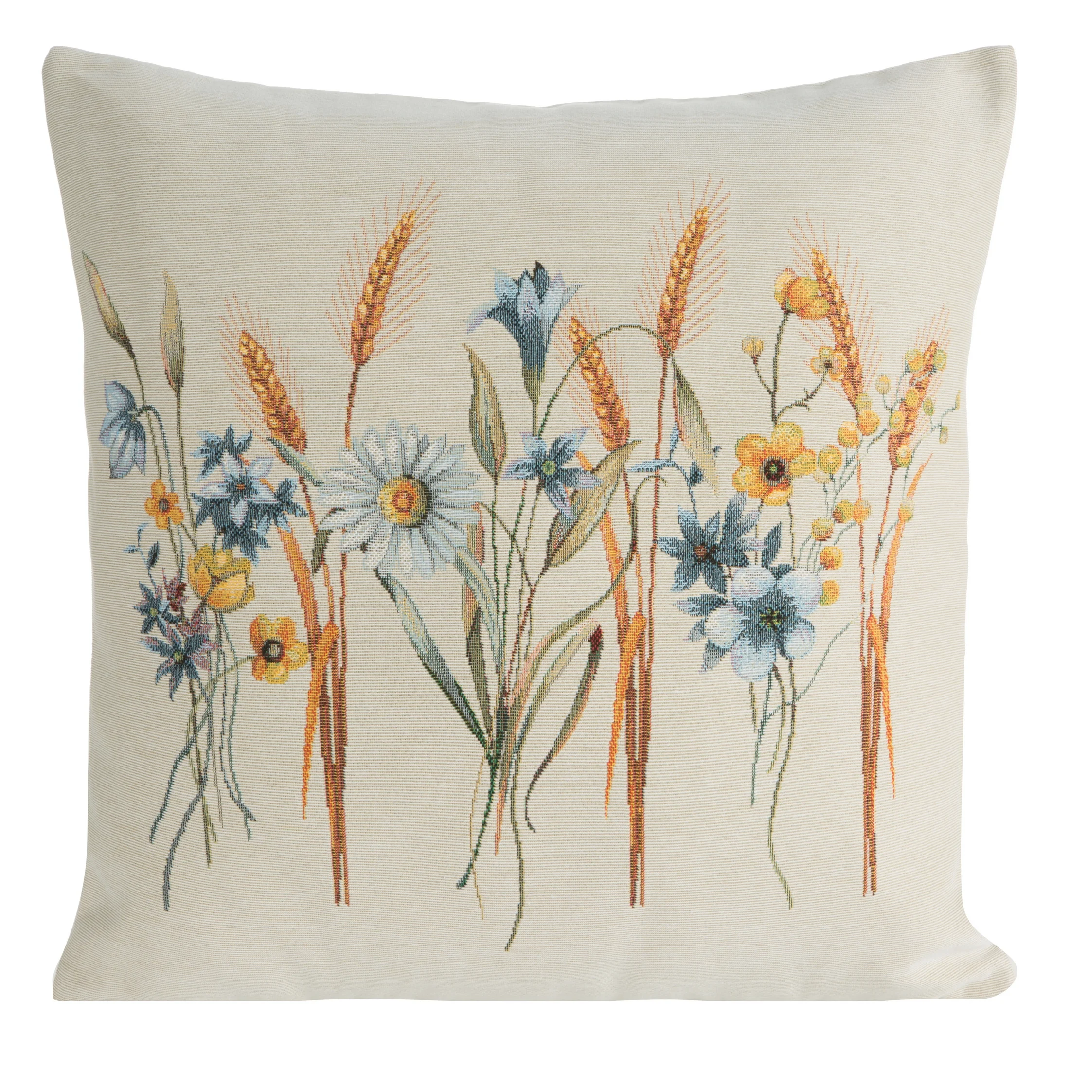 Poszewka na poduszkę 45x45 cm bawełniana, gobelinowa naturalno, błękitna z kwiatowym motywem GOB | eurofirany