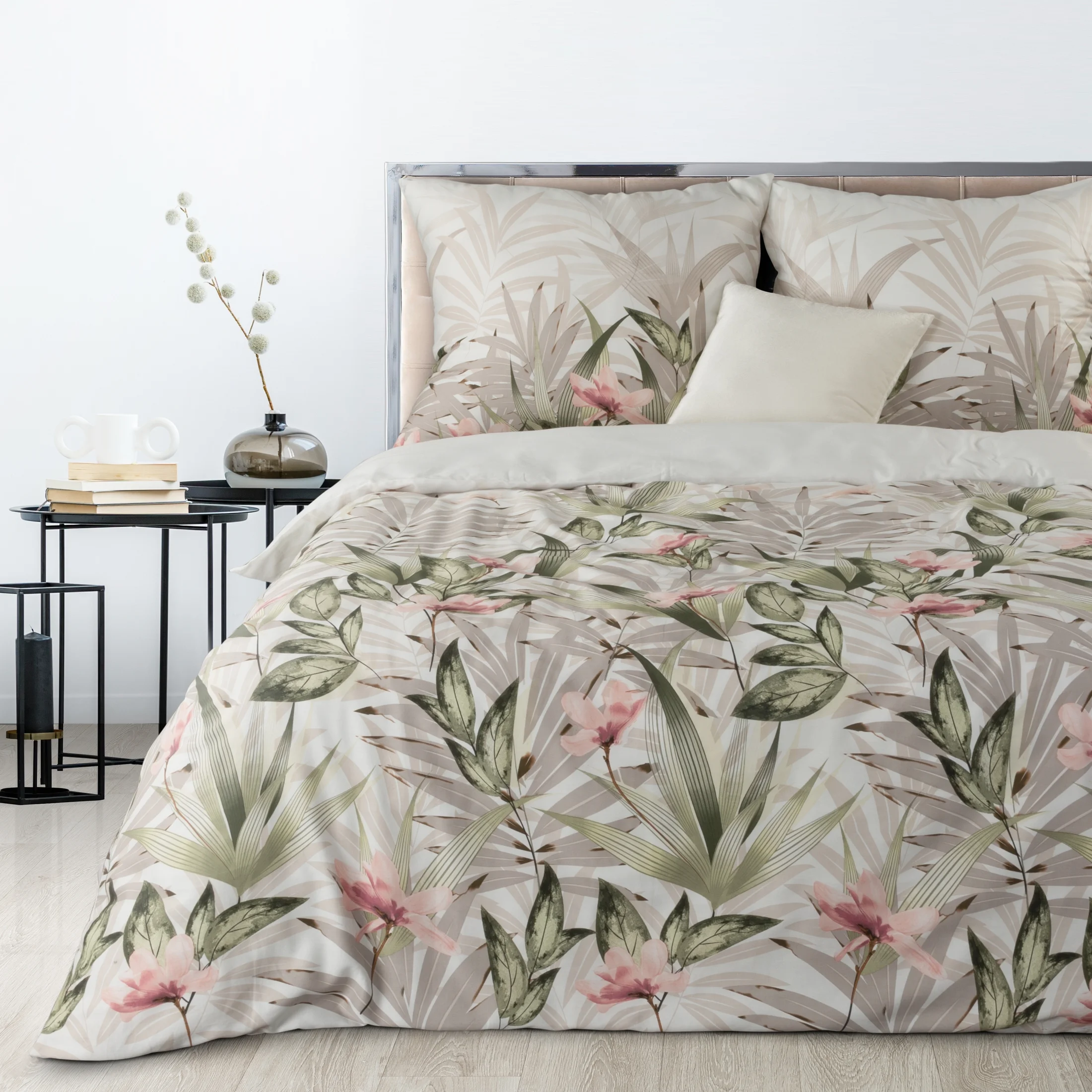 EUROFIRANY CLASSIC SATIN Komplet pościeli SPRING 08 z wysokiej jakości satyny bawełnianej z nadrukiem egzotycznych liści i kwiatów | eurofirany