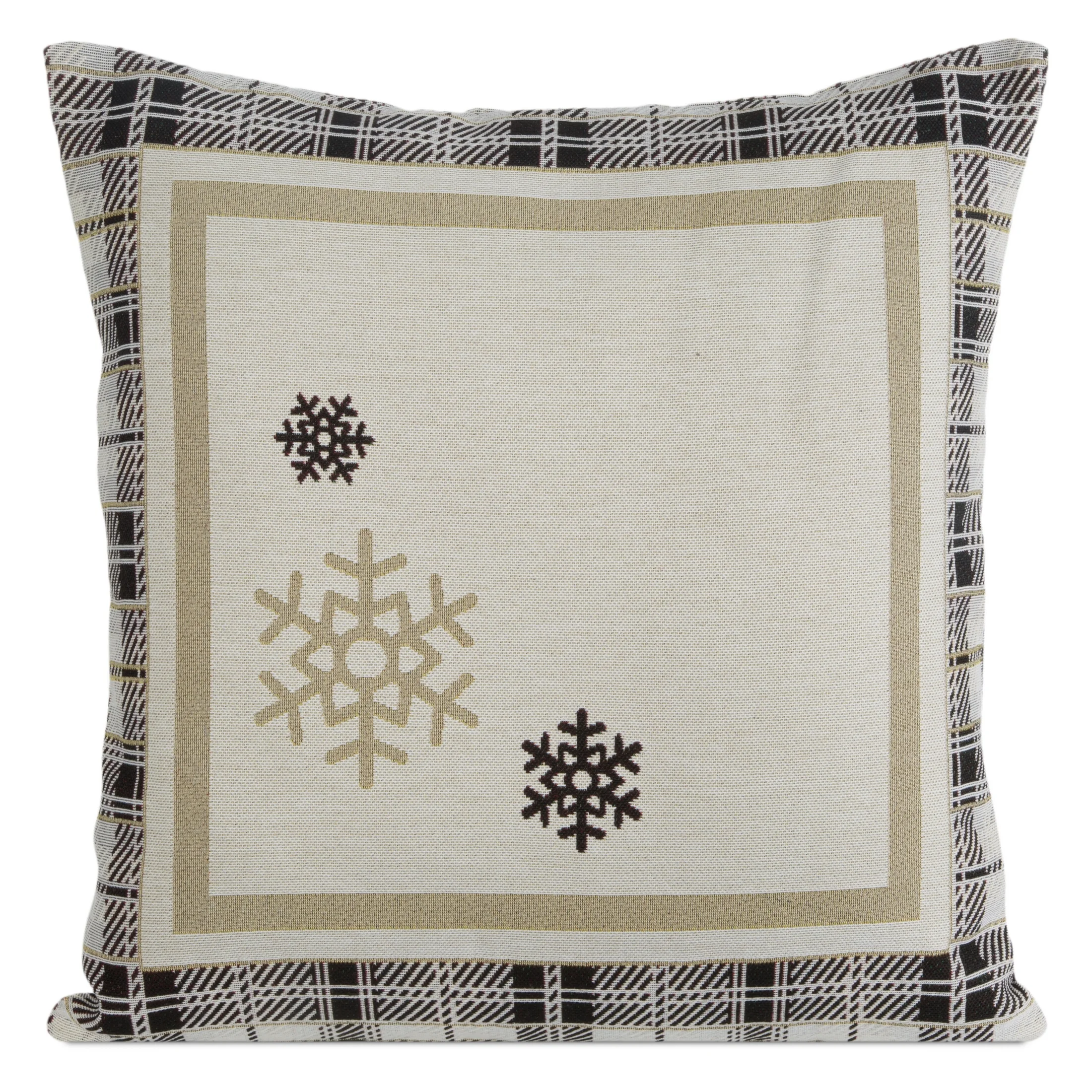 Poszewka na poduszkę 45x45 cm bawełniana, gobelinowa kolor naturalna z motywem kraty i złotych śnieżynek ANGEL | eurofirany