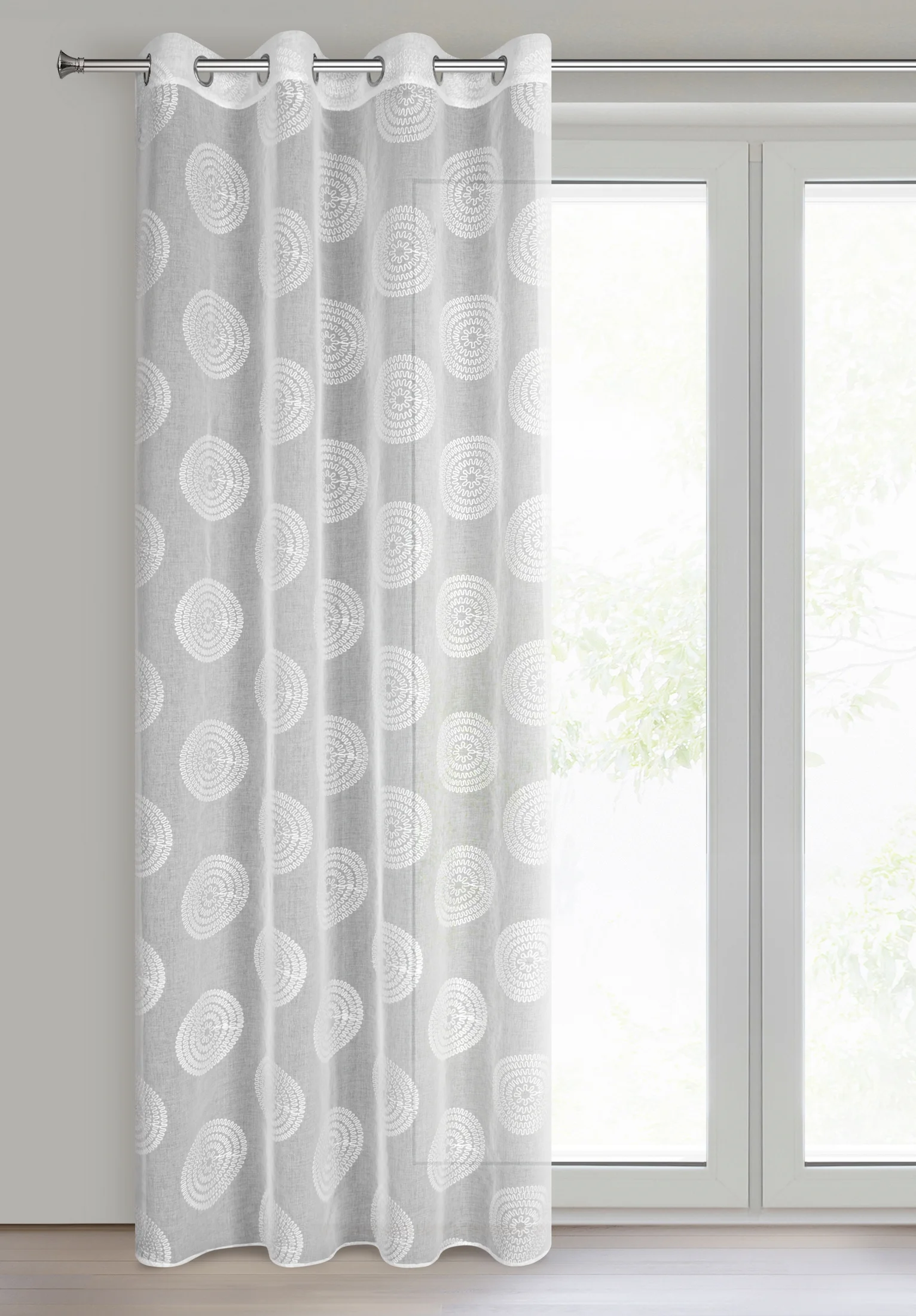 Firana biała z geometrycznym haftem 140x250 cm przelotka MILAGROS