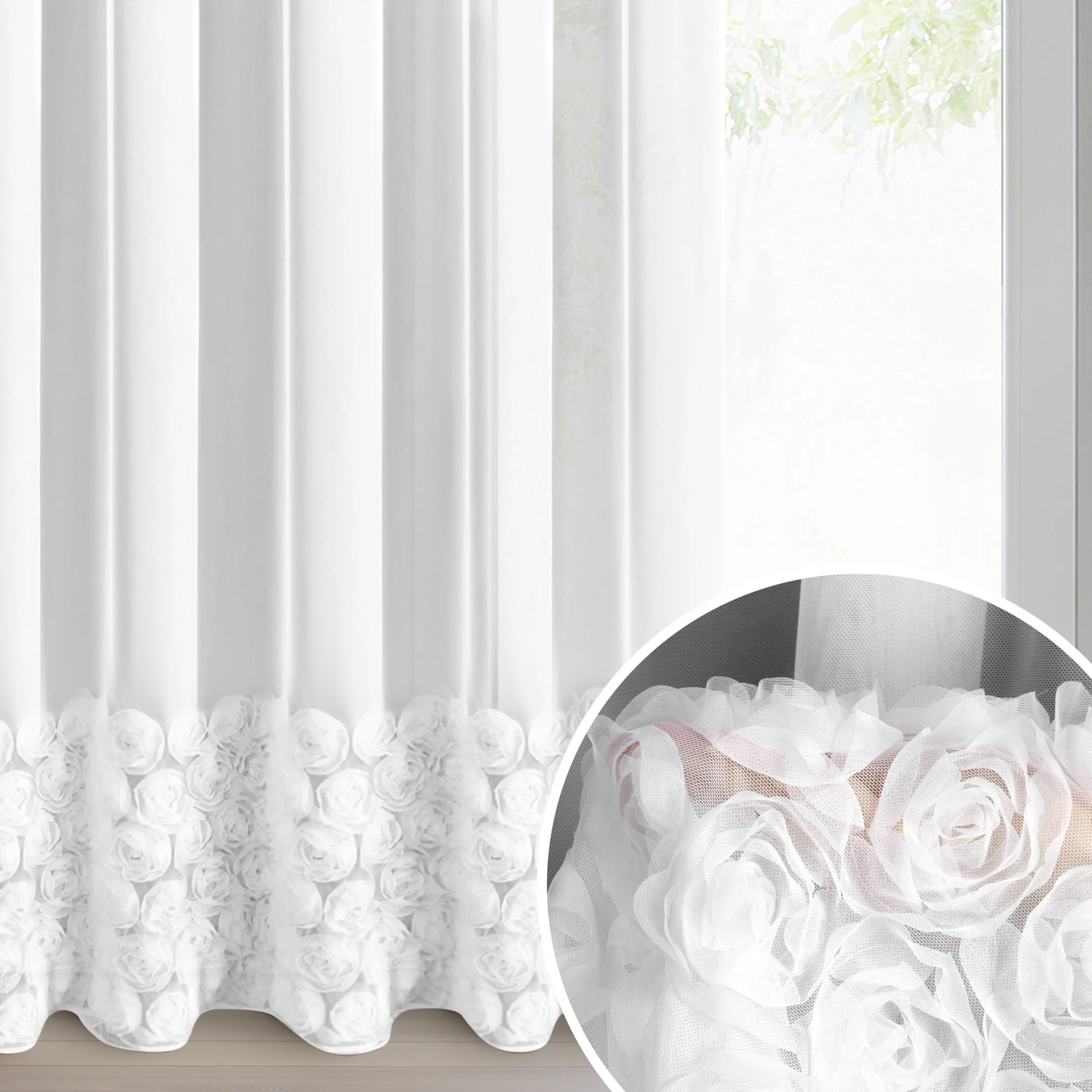 Firana biała z siateczki zdobiona aplikacją 3D w róże 350x270 cm taśma - ROSES3 - Eva Minge | eurofirany