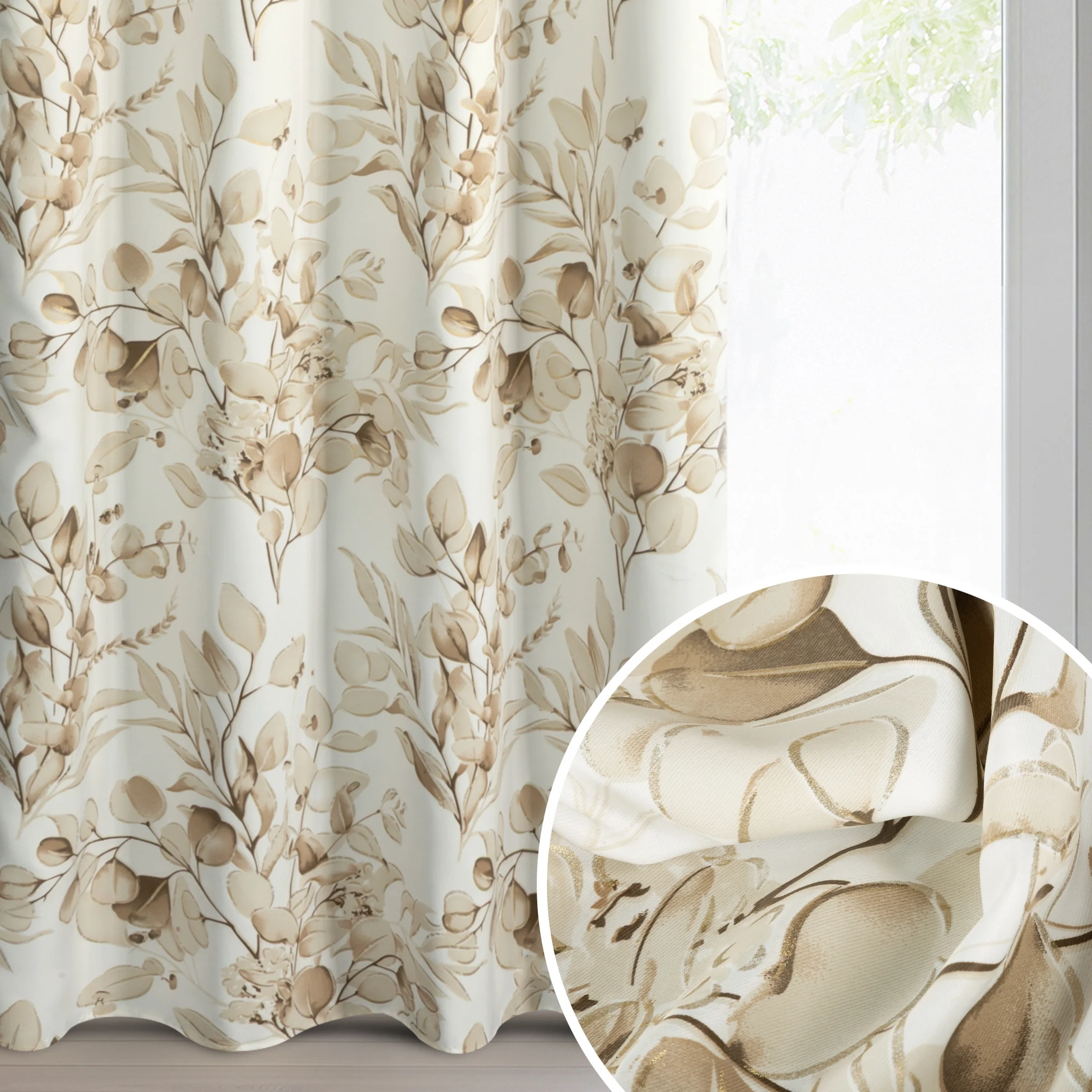 Zasłona beżowo, złota zaciemniająca z roślinnym nadrukiem i błyszczącymi akcentami 140x250 cm przelotki - OLENI | eurofirany