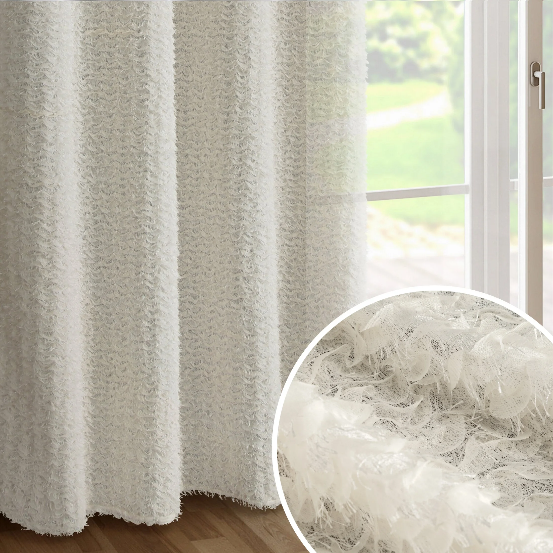 Zasłona kremowa zdobiona moherową nicią i subtelnymi falbanami 135x250 przelotka - TIFFANY - Eva Minge | eurofirany