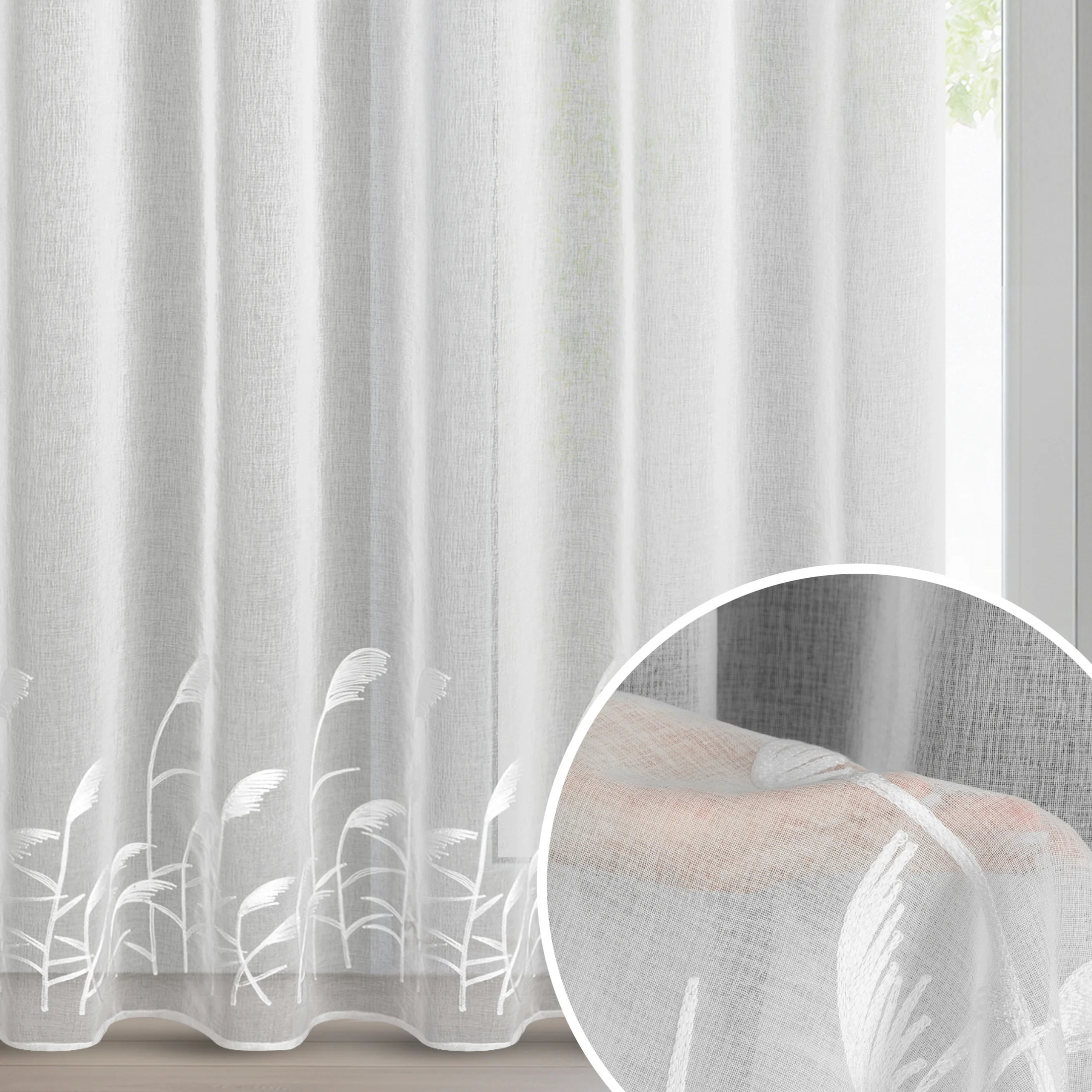 Firana biała z etaminy zdobiona haftem w źdźbła ozdobnej trawy 400x250 cm przelotka - TASHA | eurofirany