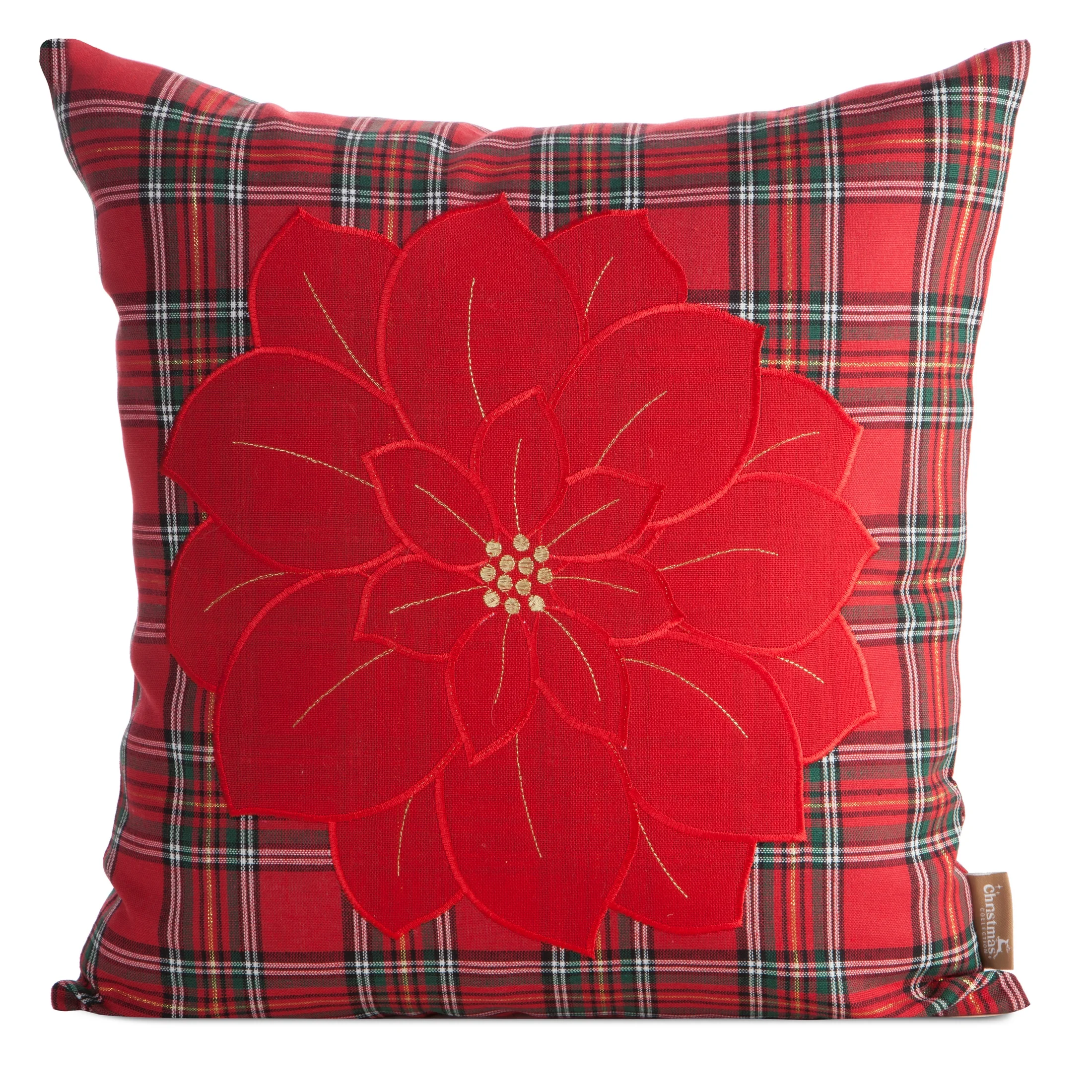Poszewka na poduszkę świąteczna 45x45 cm czerwono, zielona w kratę i zdobiona haftem | eurofirany